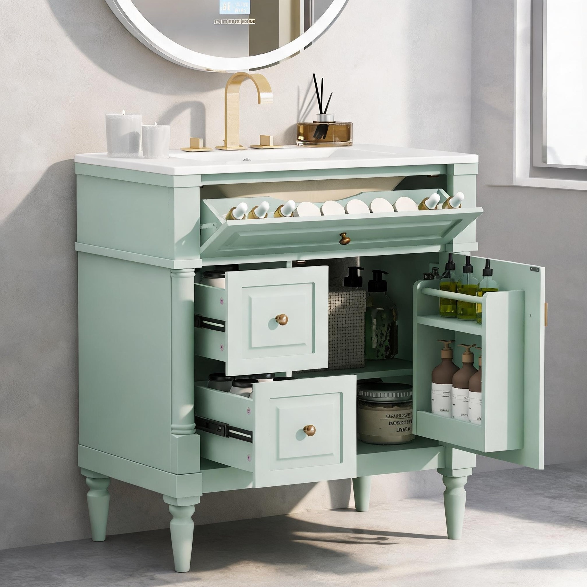 Watnature Soft Green Solid Wood MDF Freestanding 30 Inch Bathroom Vanity With Sink Modern Storage Cabinet