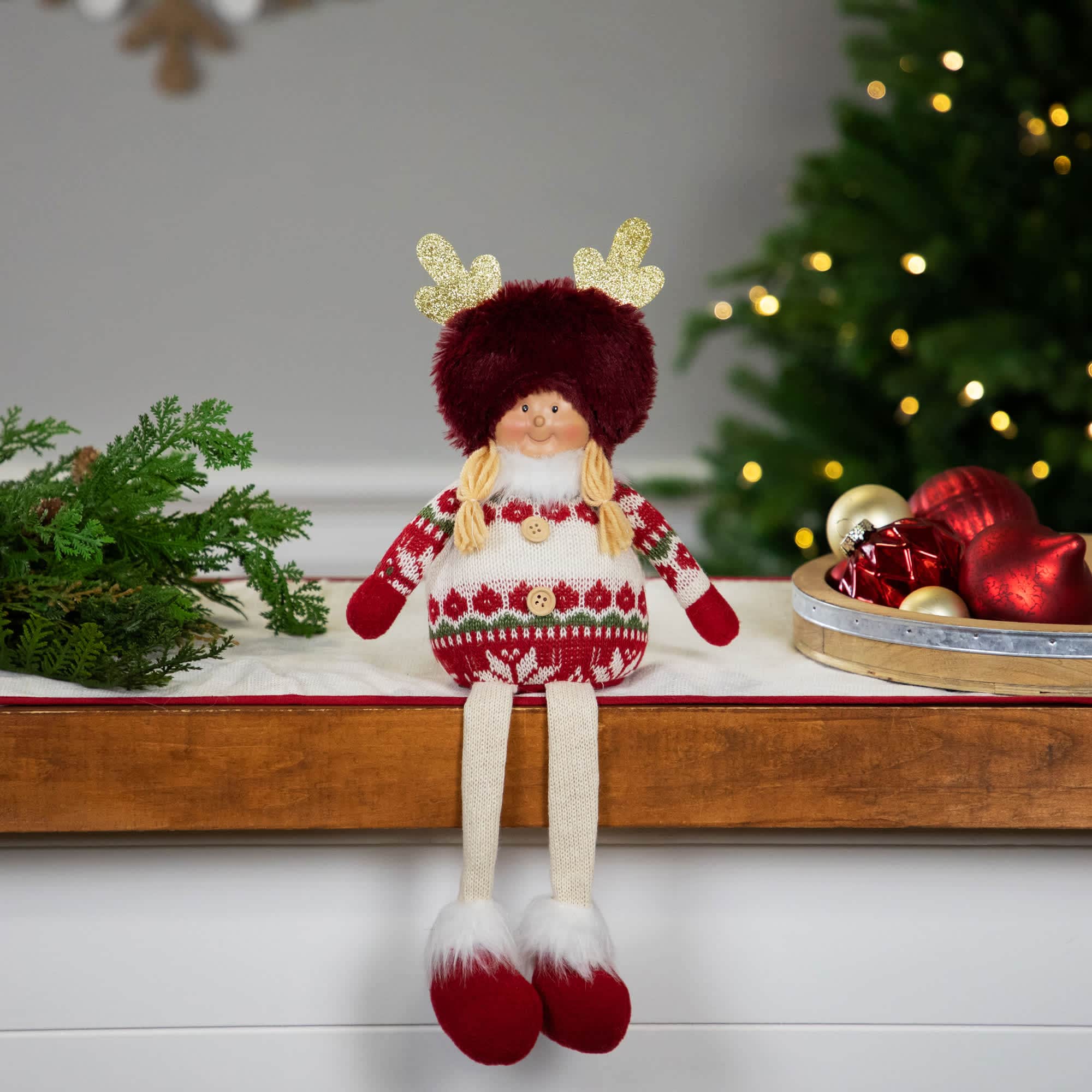 Northlight Sitting Plush Girl with Dangling Legs Christmas Figure - 16 inch - Cream and Red