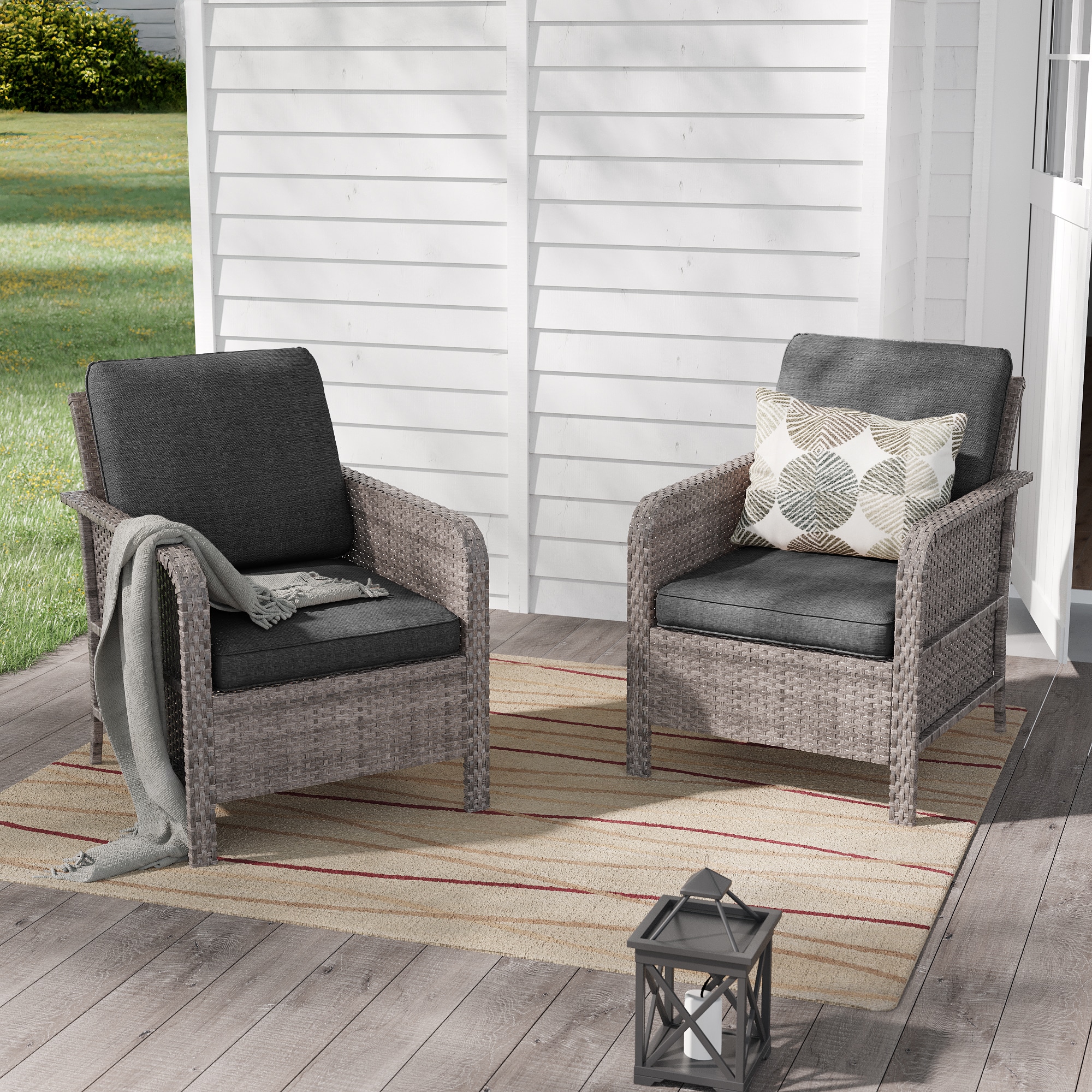 Sonkuki SD-PS-S2BNY patio chiars Set of 2 Wicker Gray Wicker Frame Stationary Conversation Chair with Black Cushioned Seat