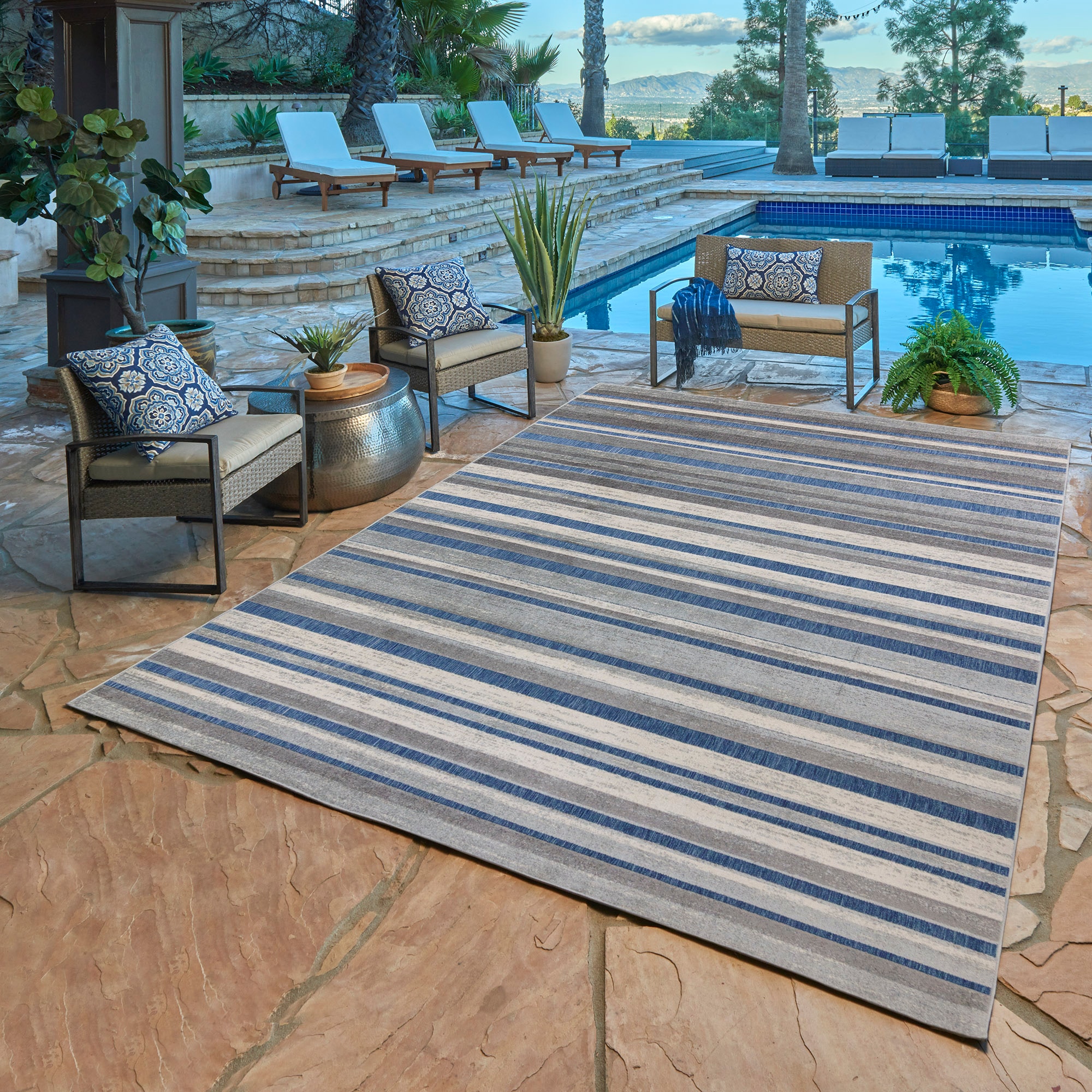 GERTMENIAN 46241 Elements 9 x 13 (ft) Polypropylene Navy Rectangular Indoor/Outdoor Stripe Mid-Century Modern Area rug