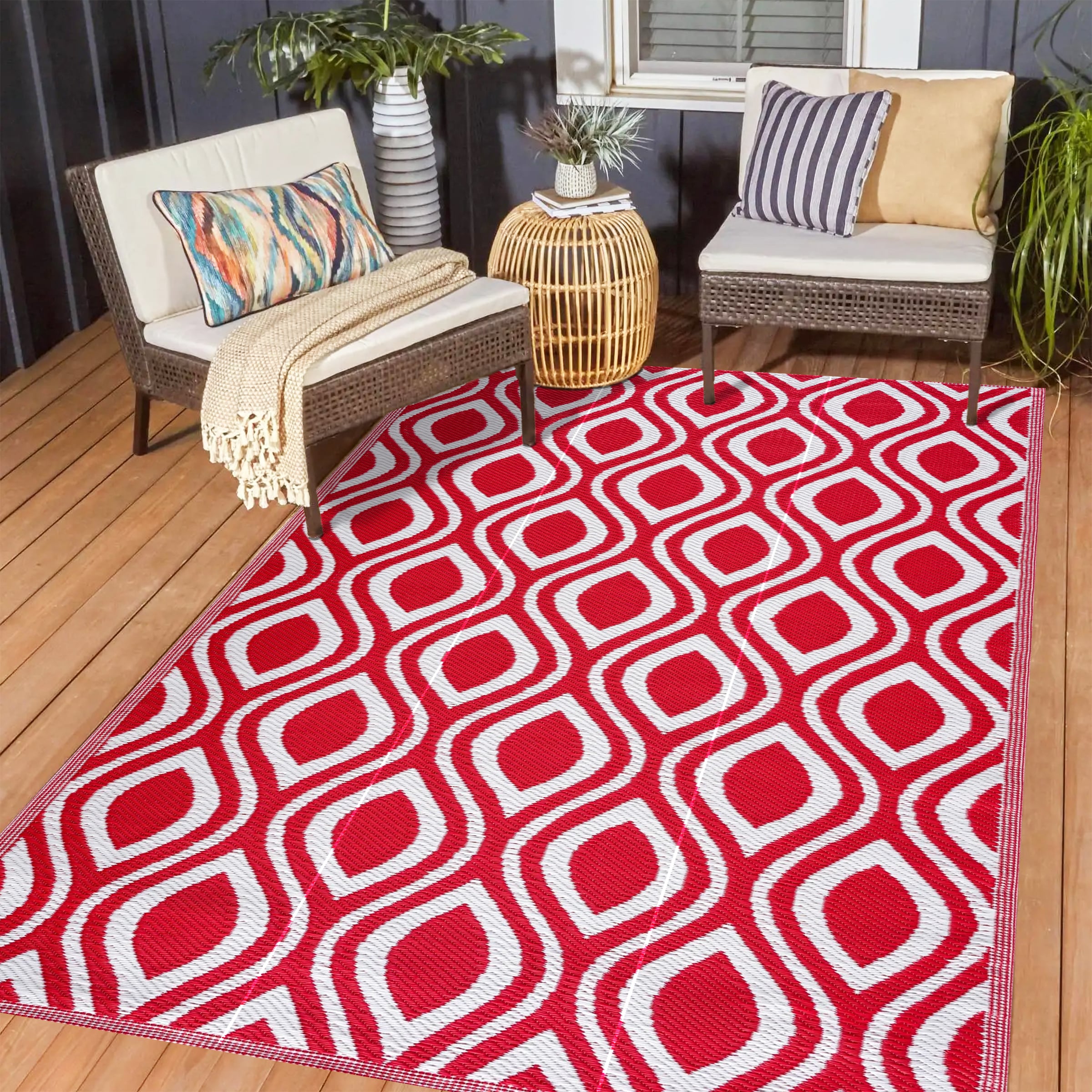 Playa Rug PLY-F-VNC-RW-8X10 8 x 10 (ft) Knotted Polypropylene Venice-RedWhite Rectangular Indoor/Outdoor Geometric Area rug