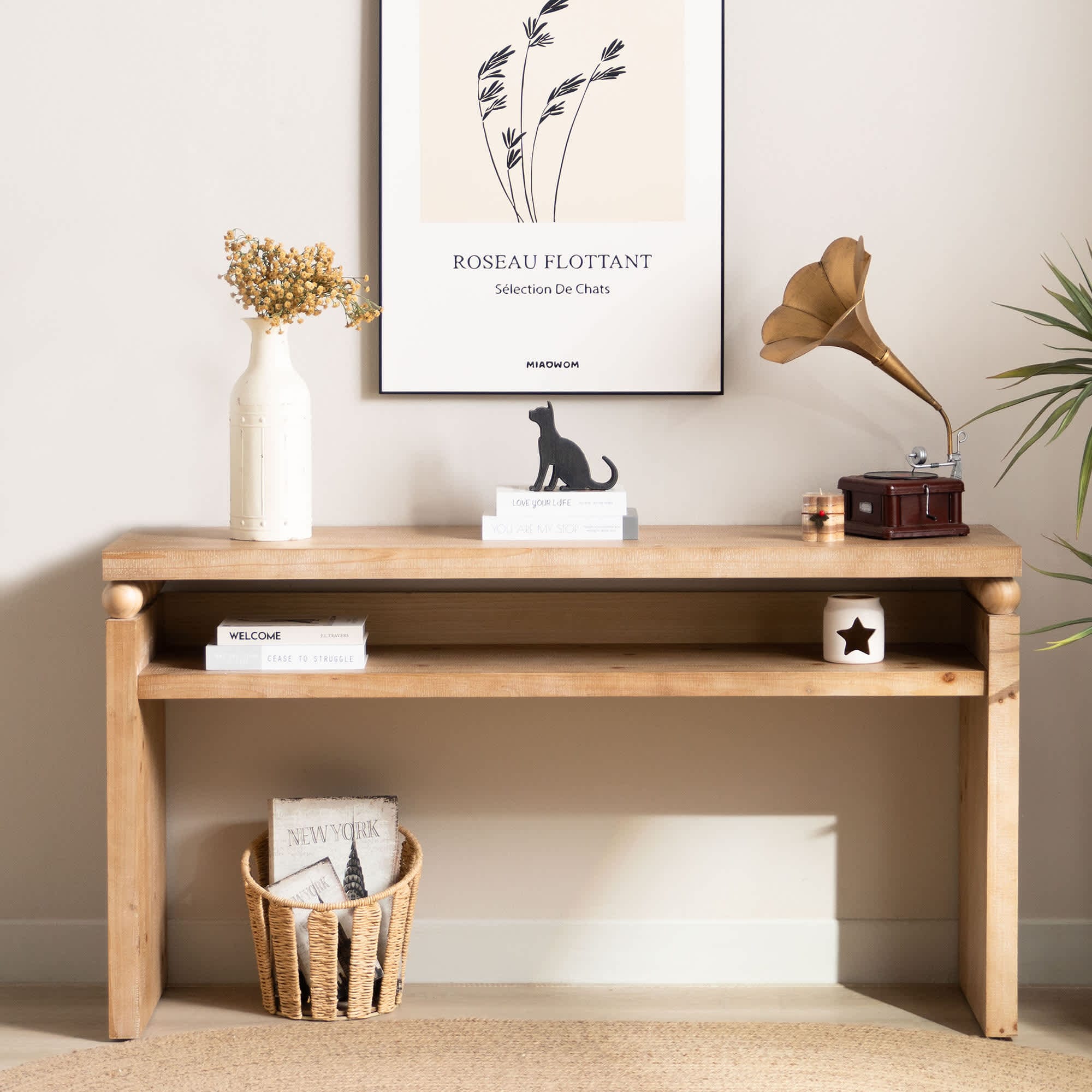  59 Inch Modern Rustic Console Table Narrow Entryway Sofa Table Natural Wood Open Shelf Storage Farmhouse For Living Room Hallway Small Spaces