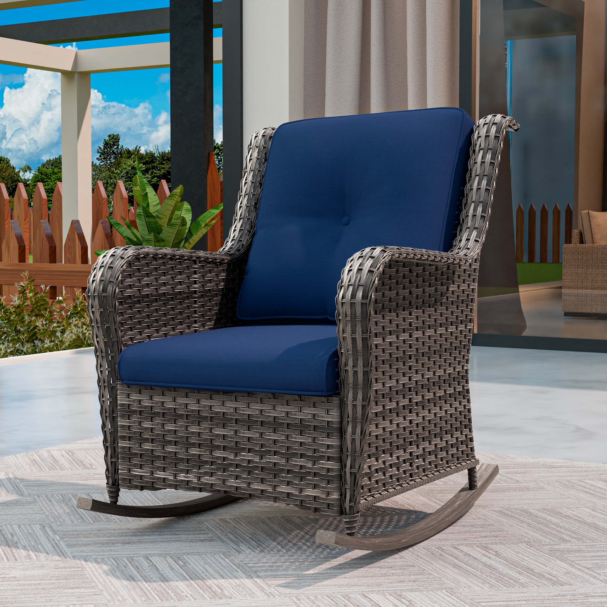 Gardenbee HGL-M04-BLU Wicker Brown Steel Frame Stationary Chaise Lounge Chair with Blue Cushioned Seat