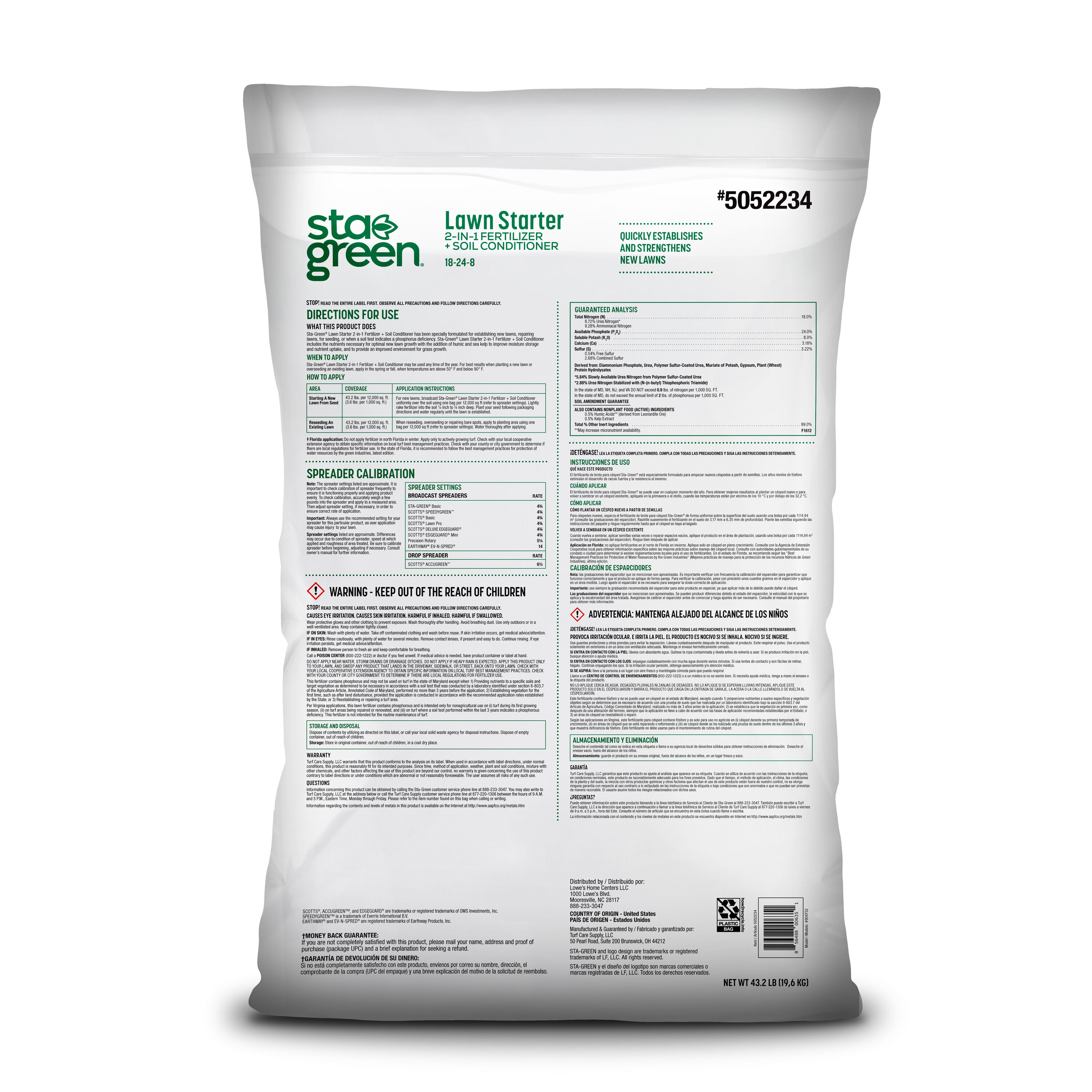 Sta-Green Fertilizer plus Soil Conditioner 43.2-lb 12000-sq ft 18-24-8 ...