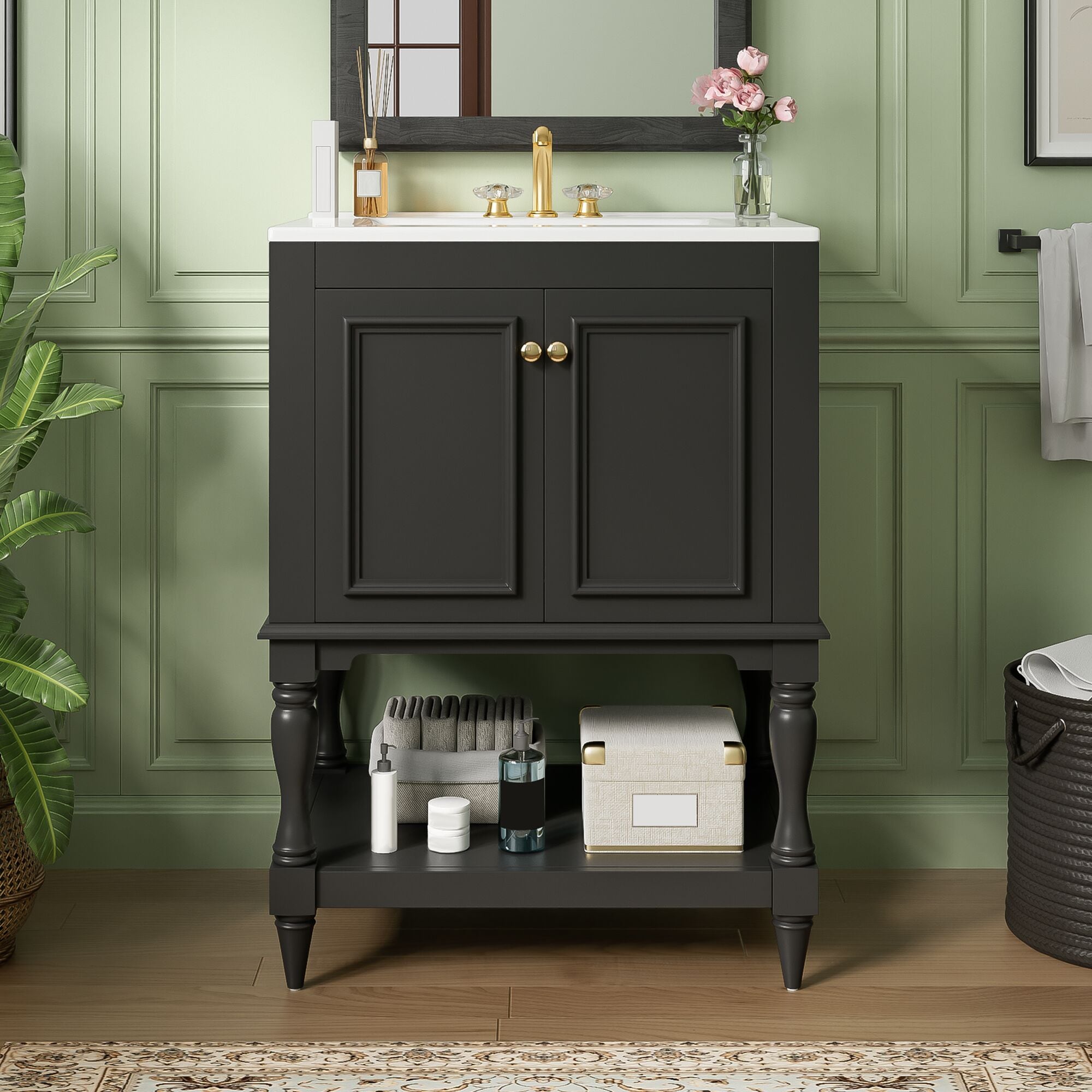 GLANZEND -  18.4-in D x 24.4-in W x 33.7-in H Bathroom Vanity Ceramic Solid Wood MDF Black Cerami...