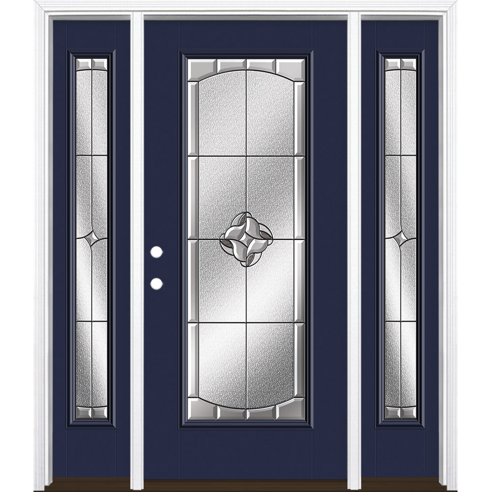 Masonite 3423320 Rozet 60-in x 80-in x 4-9/16-in Fiberglass Full lite Right-hand inswing Eclipse Painted Prehung Single door with sidelights Front Door with Brickmould Insulating core Decorative glass