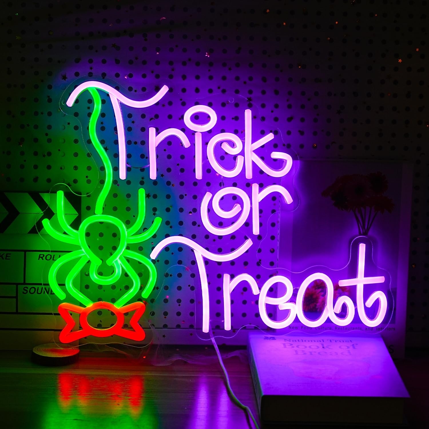 AOIZGMY  Trick Or Treat Neon Sign LED Light for Wall Decor USB Powered Dimmable Halloween Party Spider Candy Neon Light Up Sign 16 Point 7 x 12