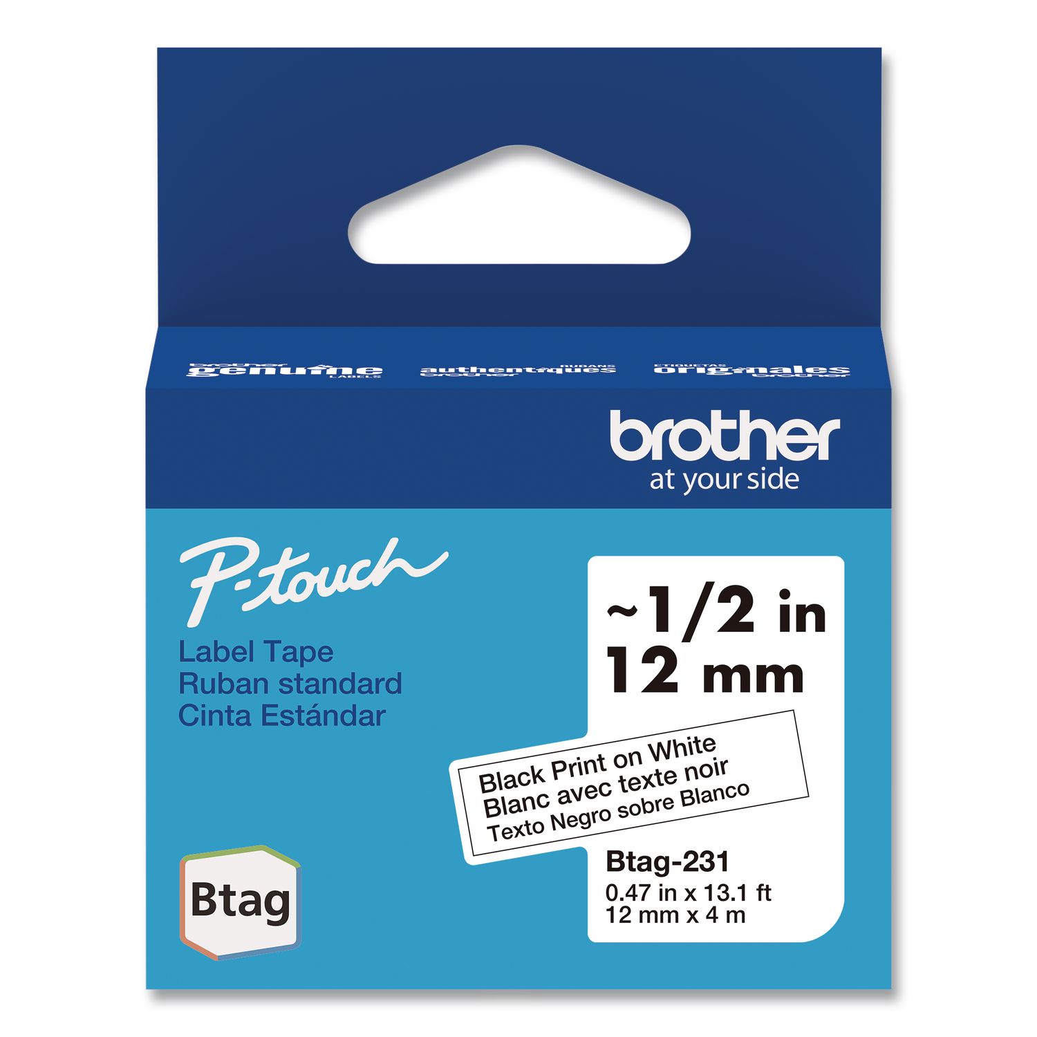 Brother Genuine P-Touch BTAG Label Tapes 0.47 x 13.1 ft Black on White