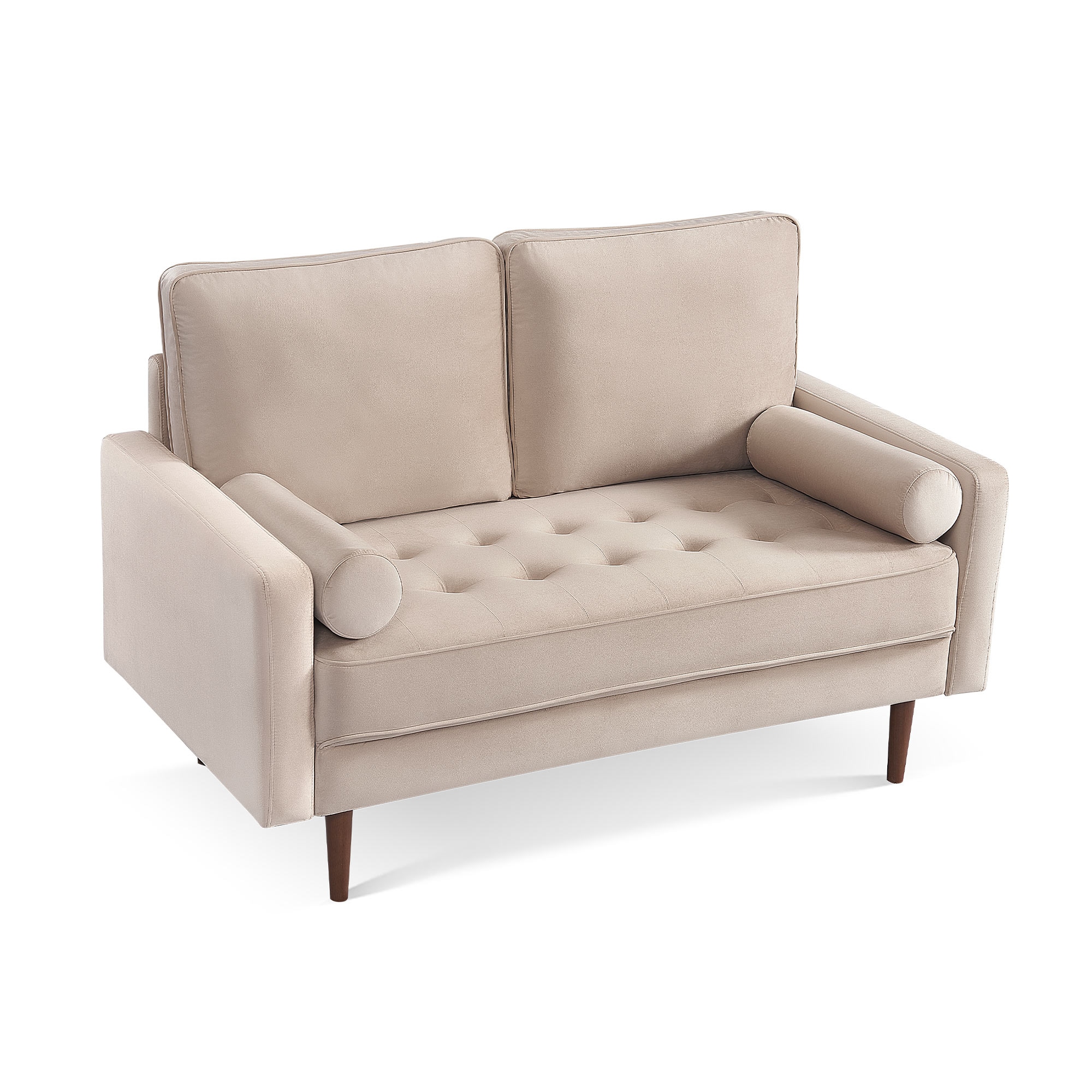 Beige Velvet Loveseat with Wood Legs and Bolster Pillows