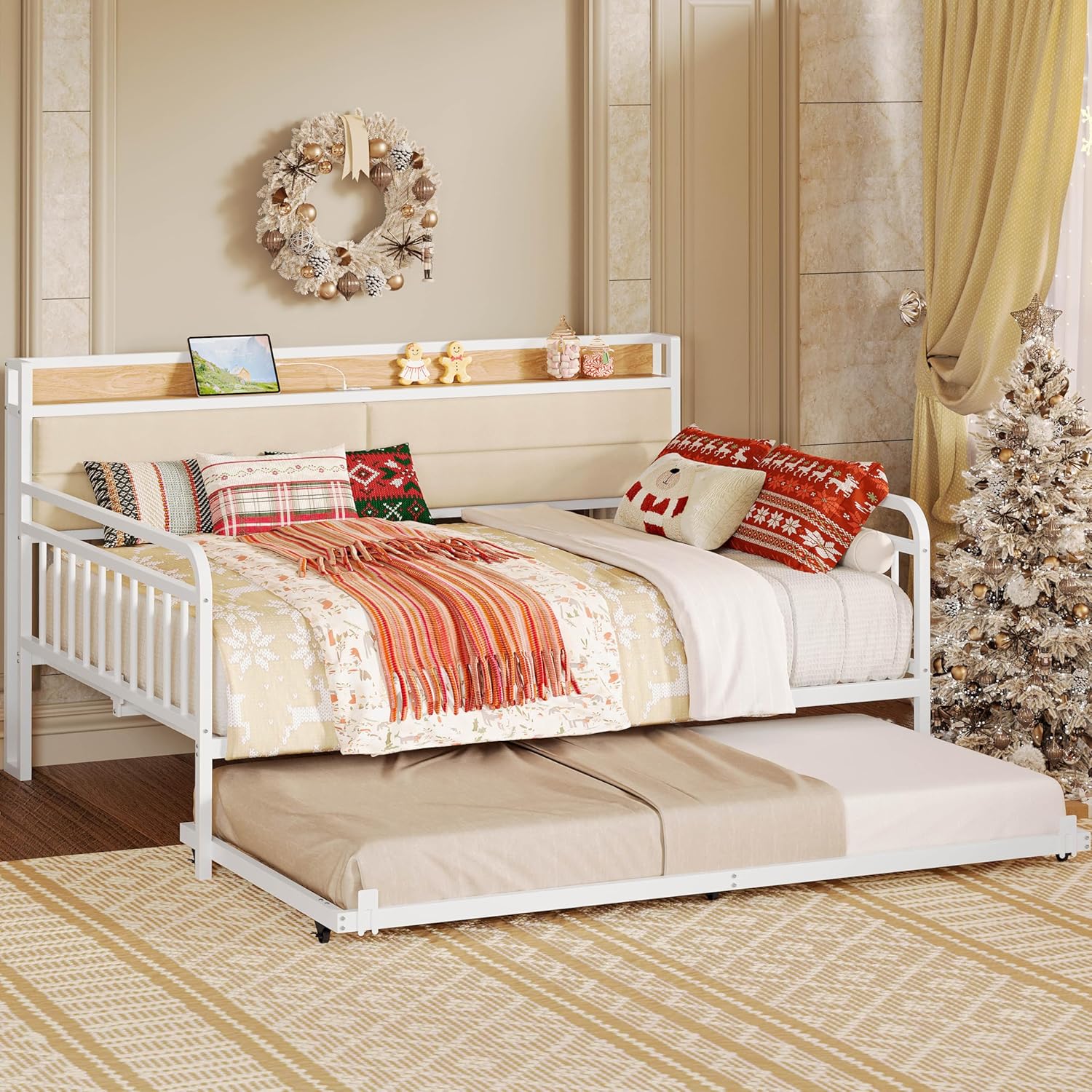 Likimio USAN1060028 53.9-in W White Full Size Bed Frame with Upholstered Headboard and Charging Station for Living Room