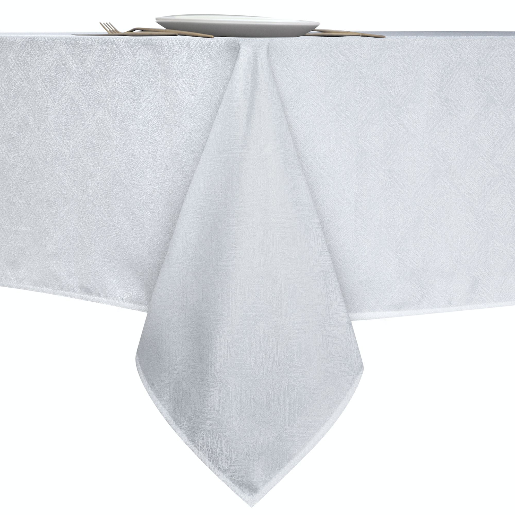 KATE AURORA Diamond Textured Spill And Stain Proof All Purpose Fabric Tablecloth 60 in W x 104 in L 8-10 Chairs White