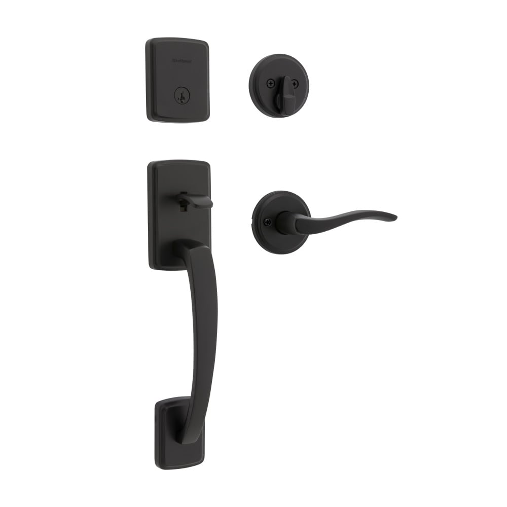 Kwikset Signature Series Brentford Matte Black Exterior Single-Cylinder Deadbolt and Keyed Entry Door Handleset ft. SmartKey Security