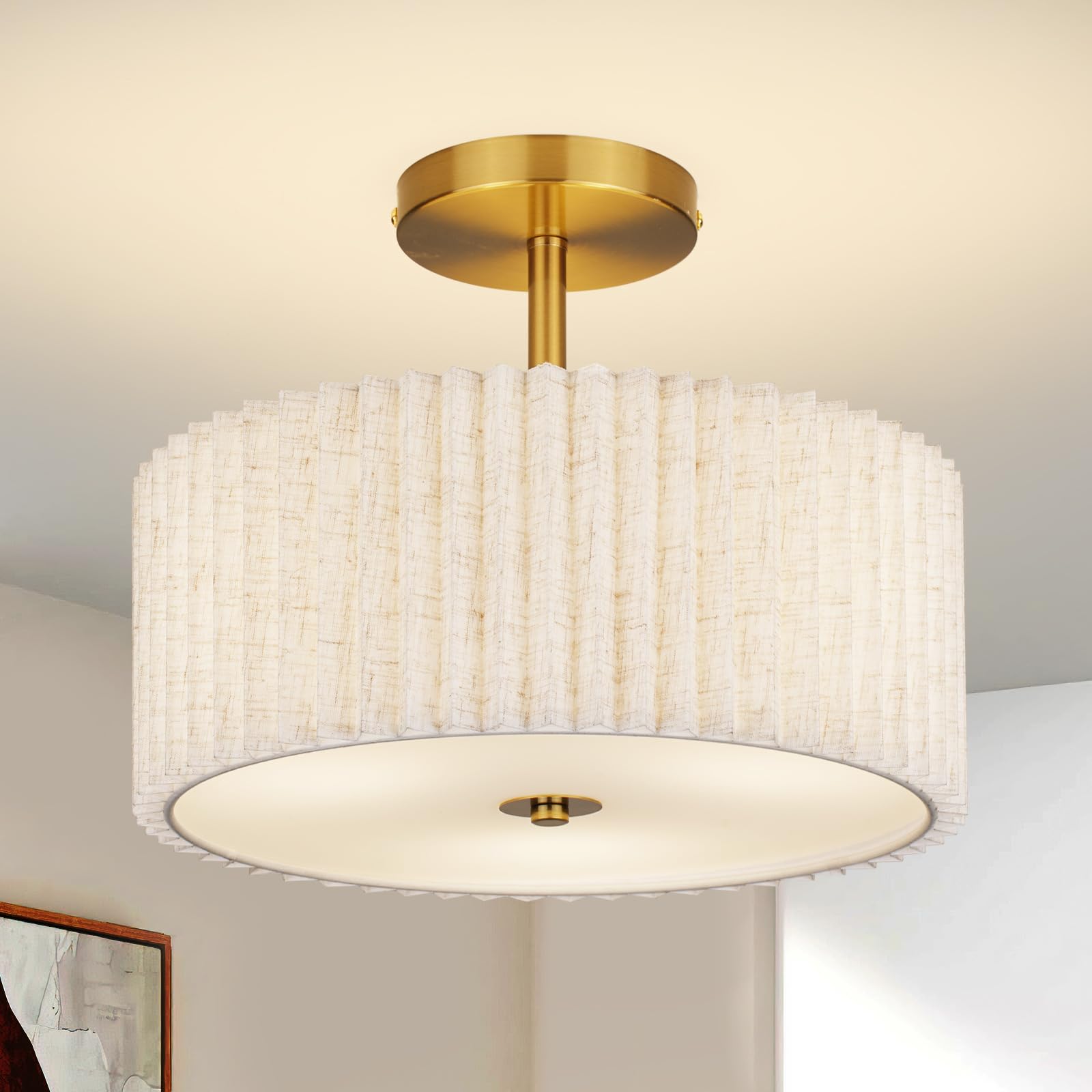AOIZGMY  Mid Century Modern Semi Flush Mount Ceiling Light with Pleated Fabric Shade Twelve Point Five Inch Drum Gold Light Fixture for Bedroom