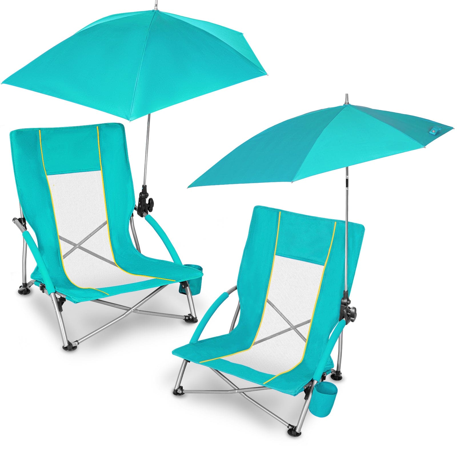 Sunspire - 2 Pack Low Beach Chairs with Umbrella Folding Camping Chair with Cup Holder Pocket Green