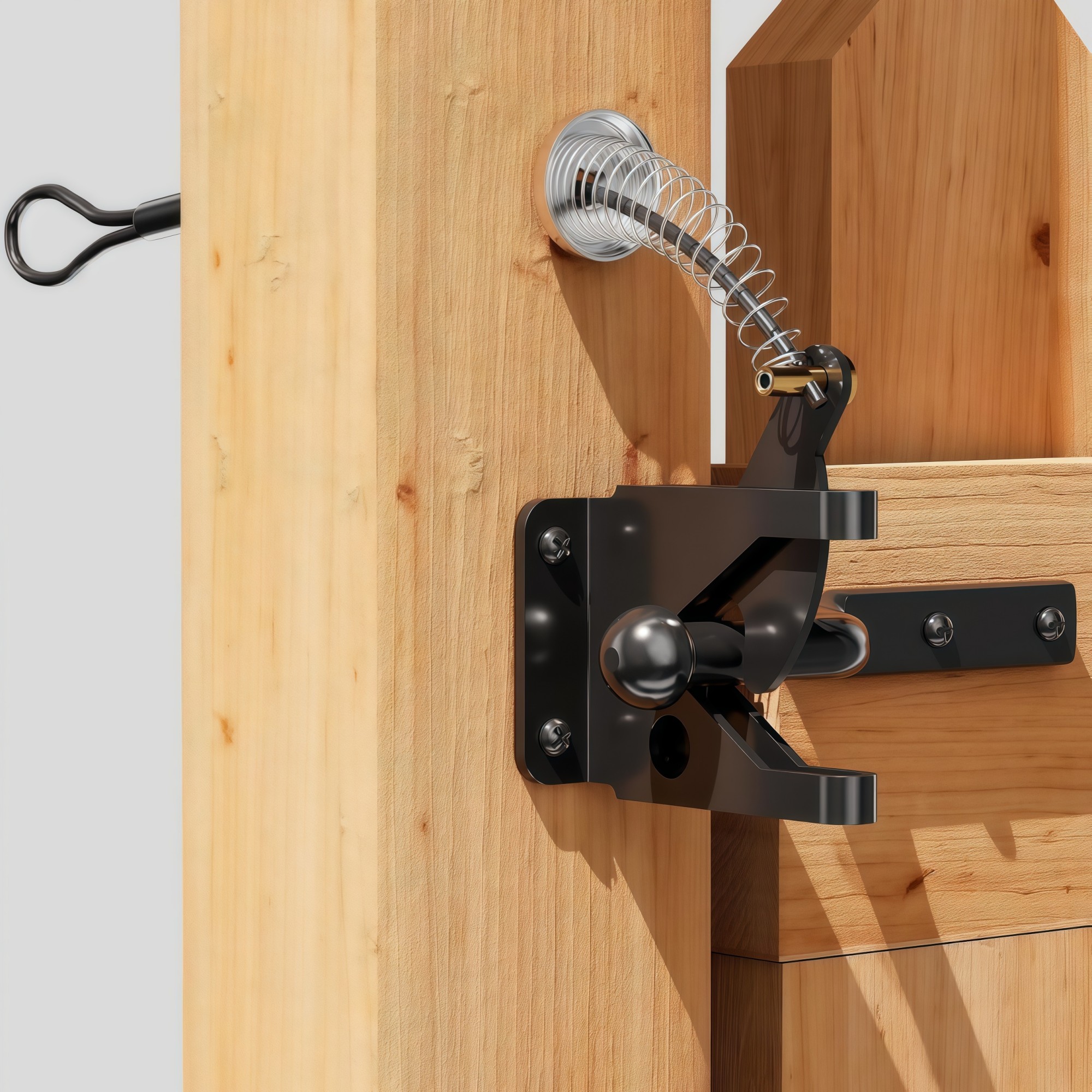 Numhew Lock Post Mount 1-Piece Self Locking Carbon Steel Black Fence Gate Latch with Stainless Steel Spring Cable Pull #NHWILL09824