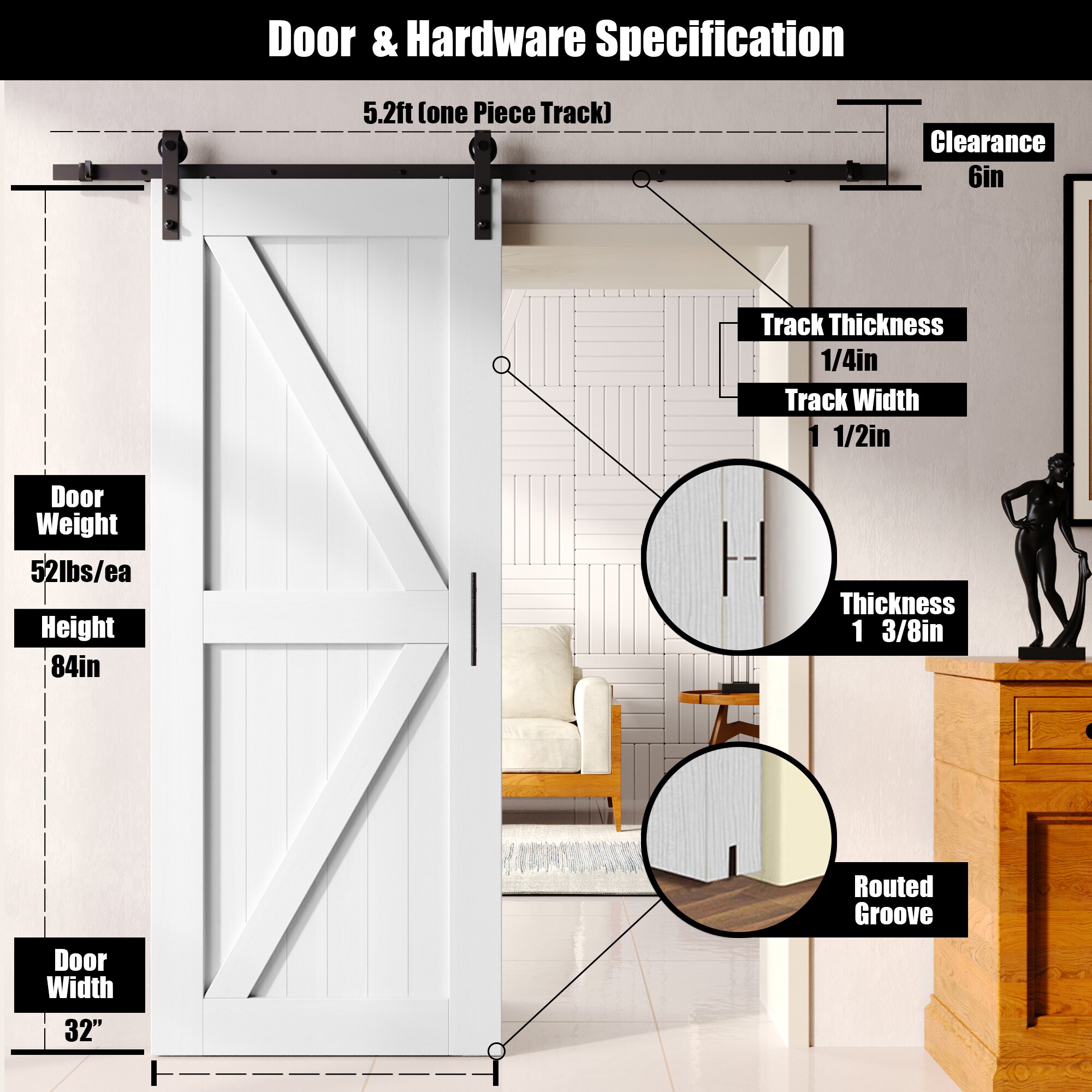 HOMACER YT1TGH066C-3284-K-WH Barn-Doors - View #2
