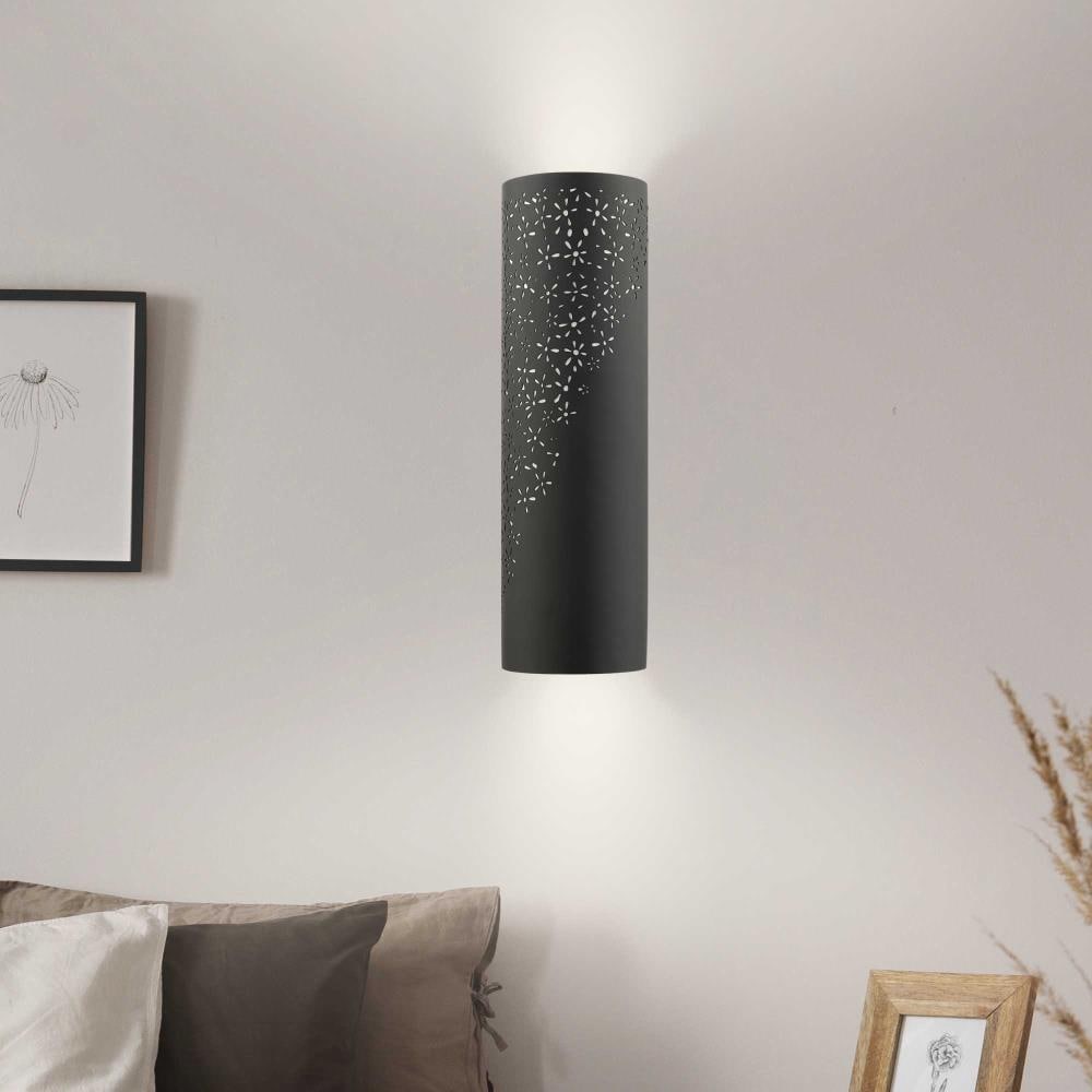 Noria Organic Laser Cut Black Steel 2-Light Wall Sconce with Off-White Linen Shade