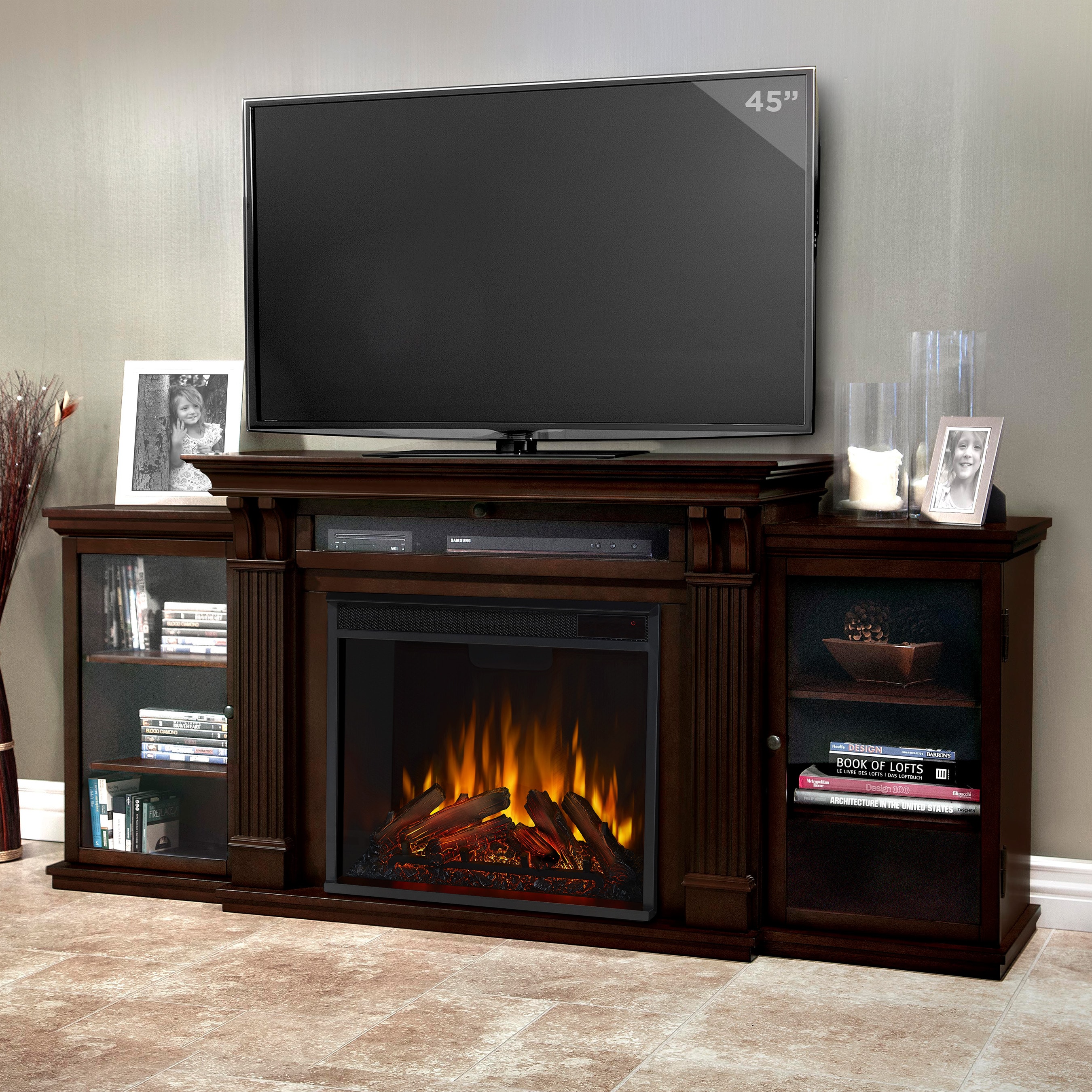 Real Flame 67 in W Dark Walnut TV Stand with Fan forced Flat Wall Electric Fireplace with Remote Control Included 7720E DW at Lowes
