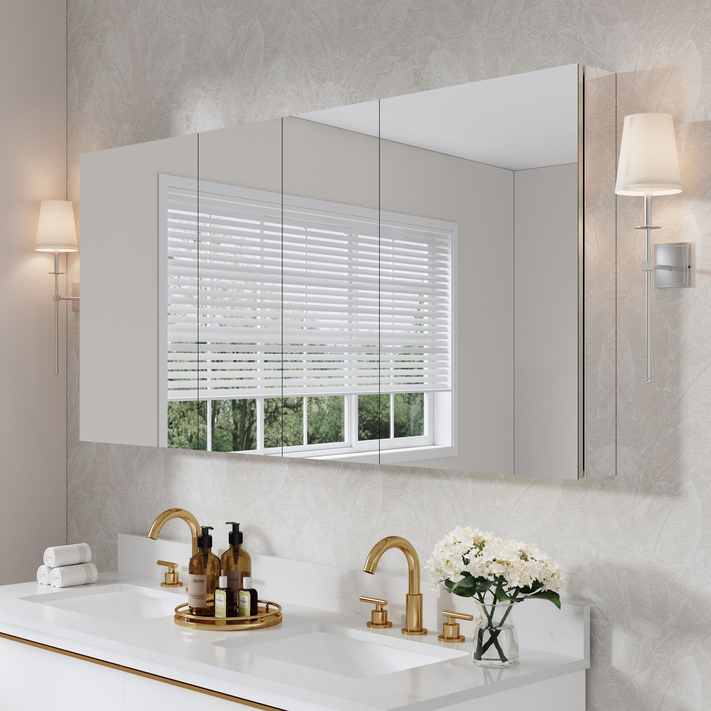 WELLFOR EEX16M4824DX RA 64-in x 30-in Surface/Recessed Mount Sliver Mirrored Rectangle Soft Close Medicine Cabinet