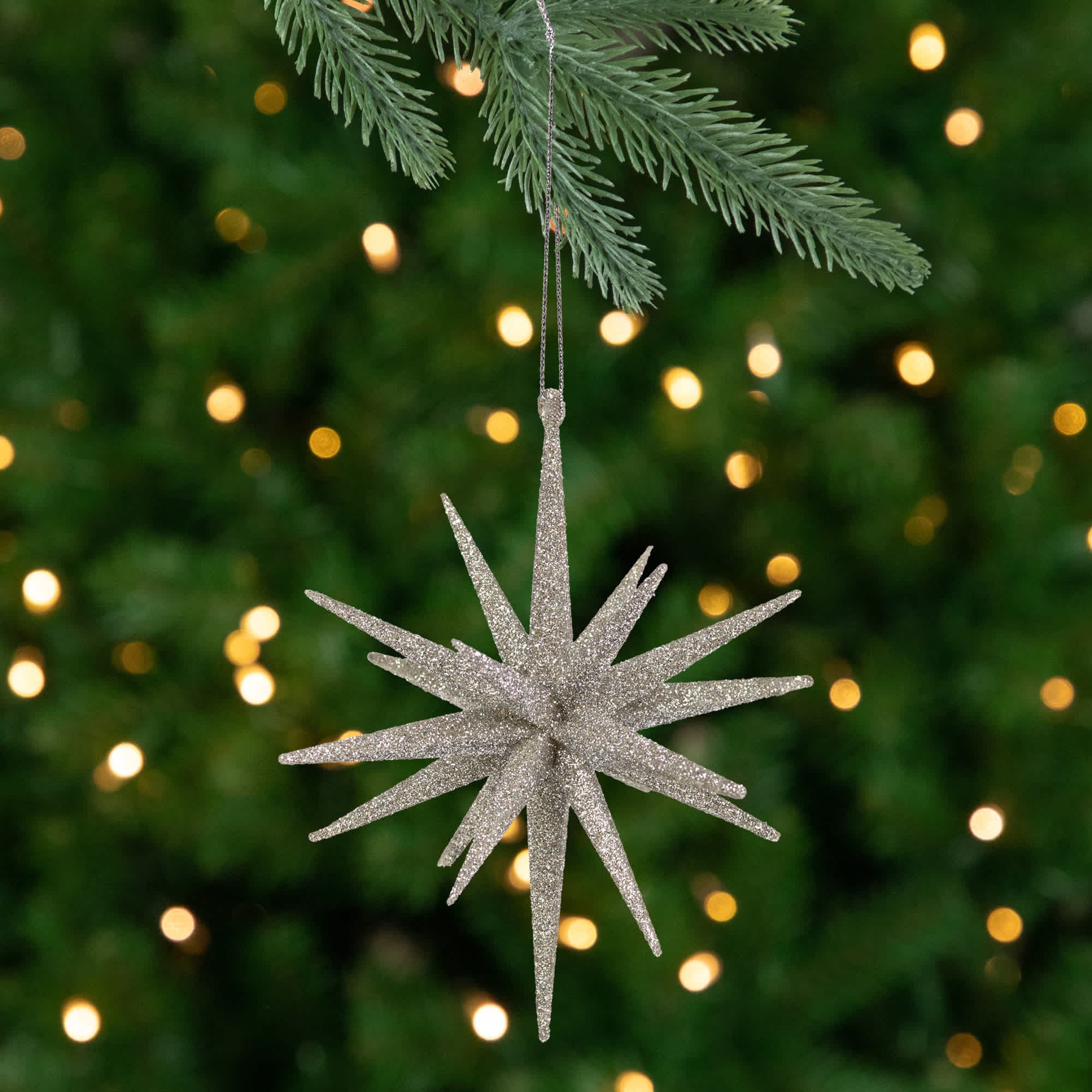 Northlight Sparkling Glitter Starburst Hanging Christmas Ornament - 6 inch - Silver