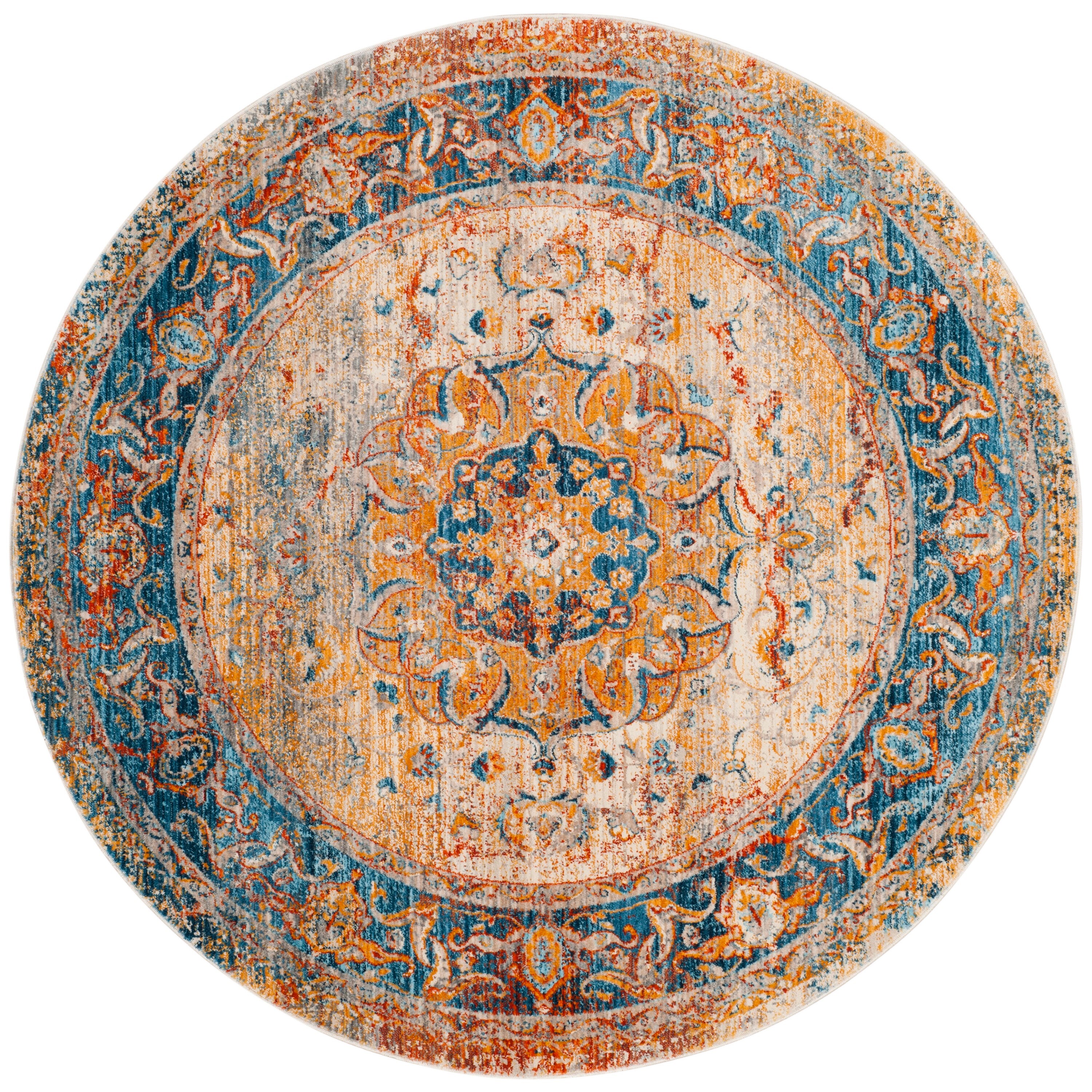 Vintage Blue Round Synthetic Easy Care Area Rug