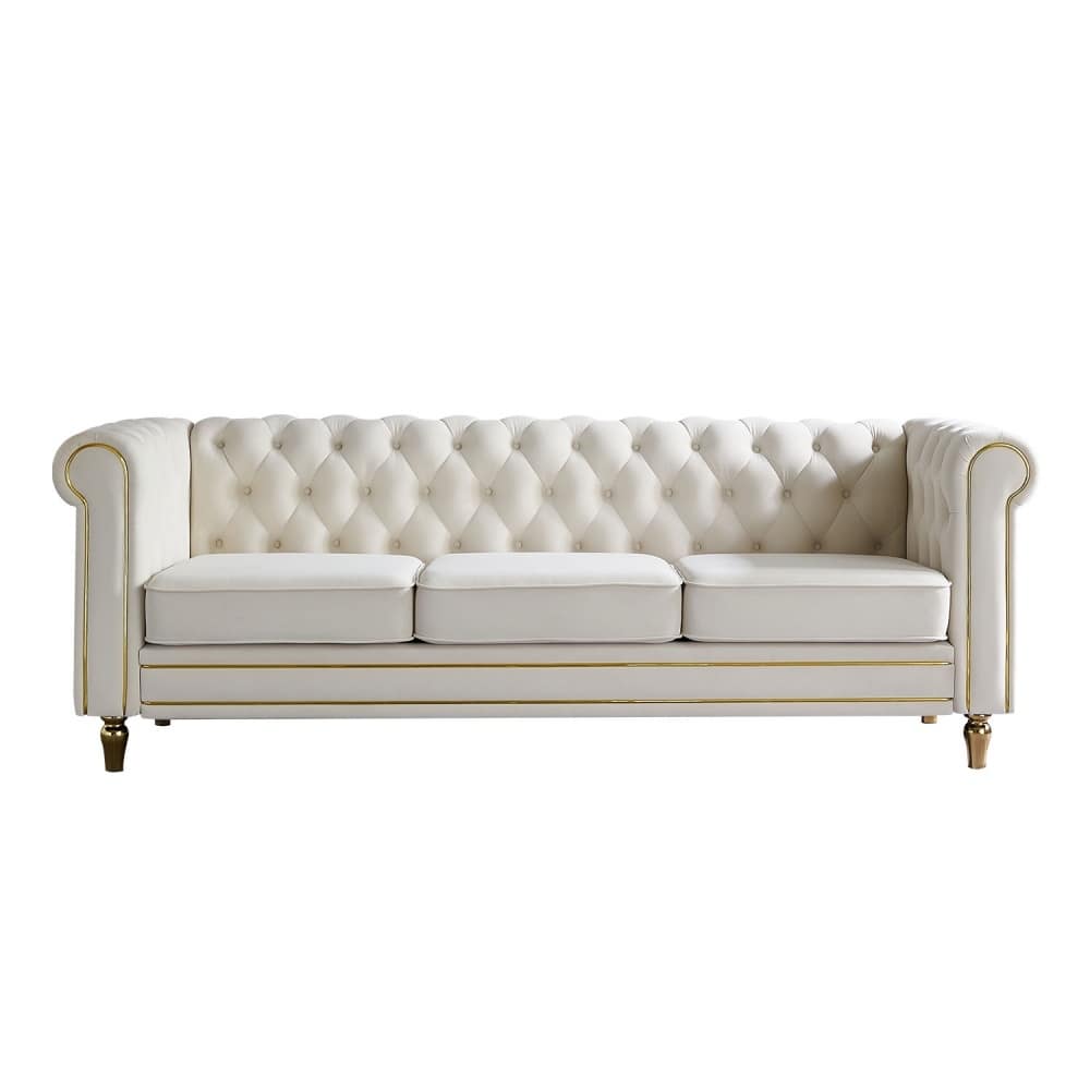 Coolbibila 85-in Beige Luxury Velvet Chesterfield Sofa 3-Seat Tufted Couch Rolled Arm Gold Strip Trim