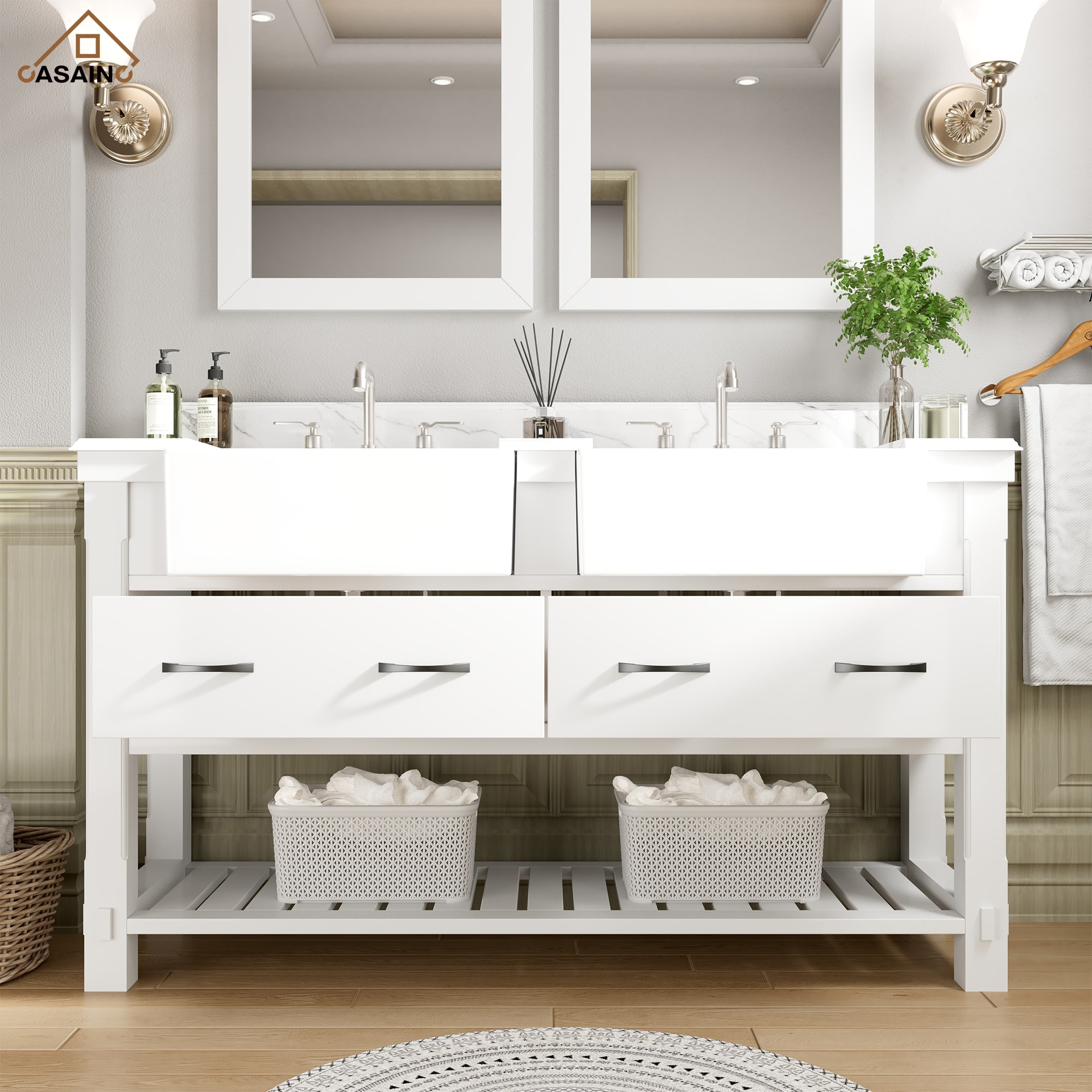 CASAINC MS-20036-CAB-WH 60" Double Farmhouse Sinks Bathroom Vanity in White 60-in White Farmhouse Double sink Bathroom Vanity with White Quartz Top