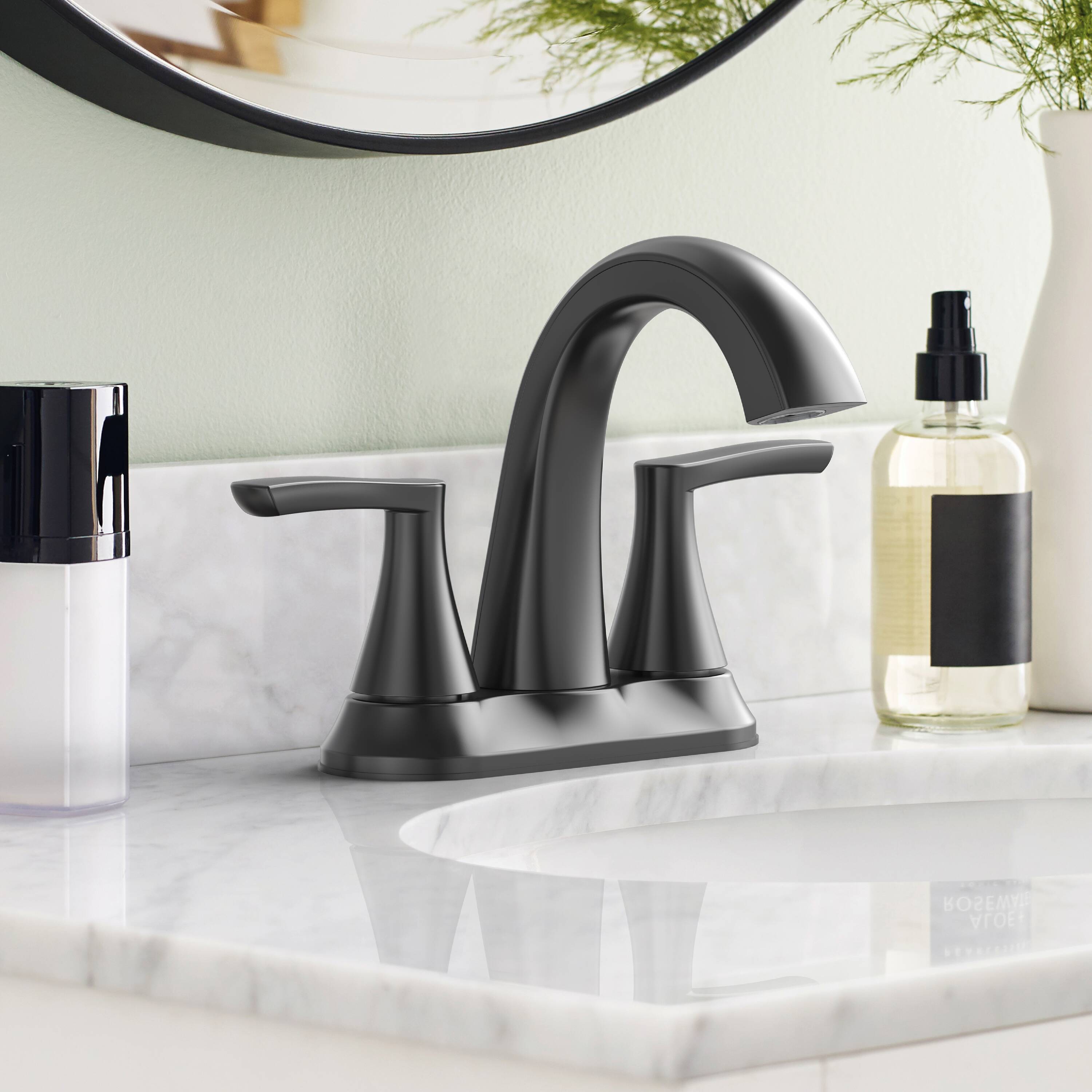 Project Source 67123W-637001 Matte Black 4-in centerset 2-handle WaterSense Mid-arc Residential Handle Bathroom Sink Faucet with Drain with Deck Plate