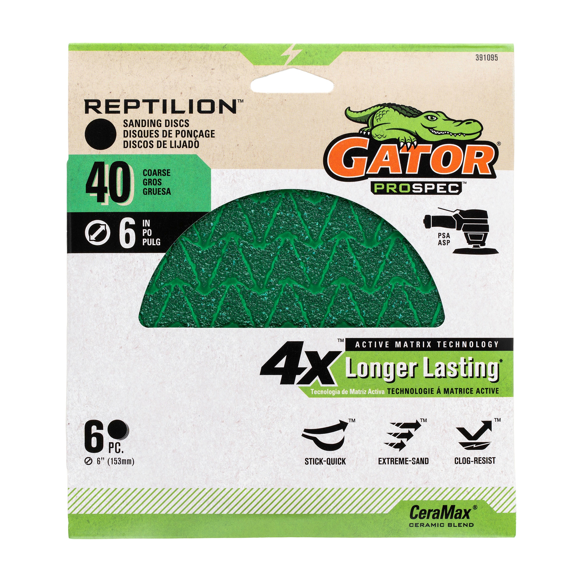 Gator 391095 Reptilion PSA 6 -Piece Ceramic alumina 40 -Grit Disc Sandpaper