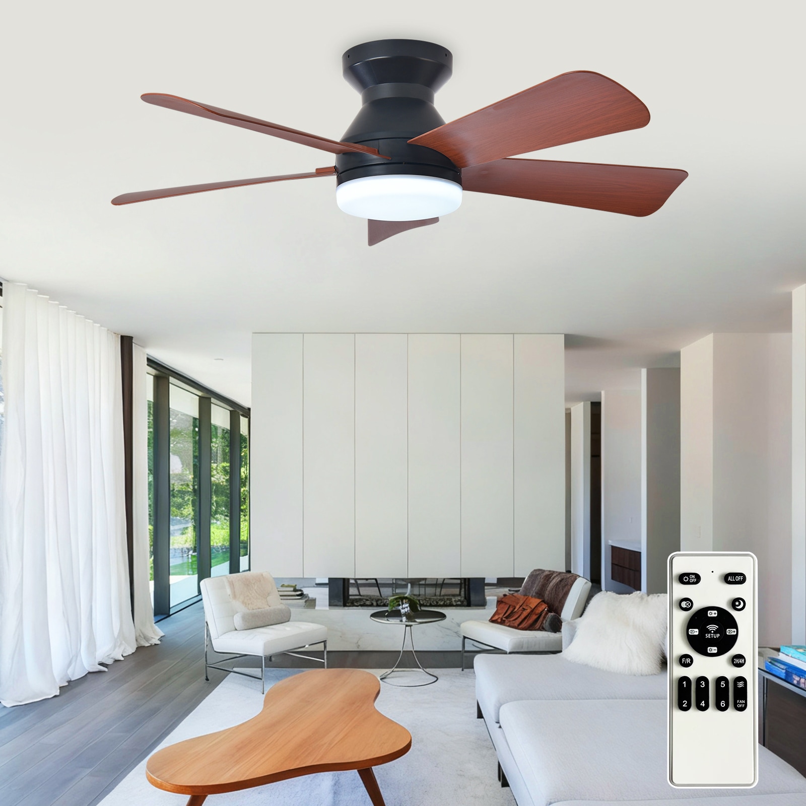 Depuley 194C 35-in black with Walnut Blades LED Downrod or Flush Mount Smart Fandelier Ceiling Fan With Light and Remote Control Included 5 -Blade
