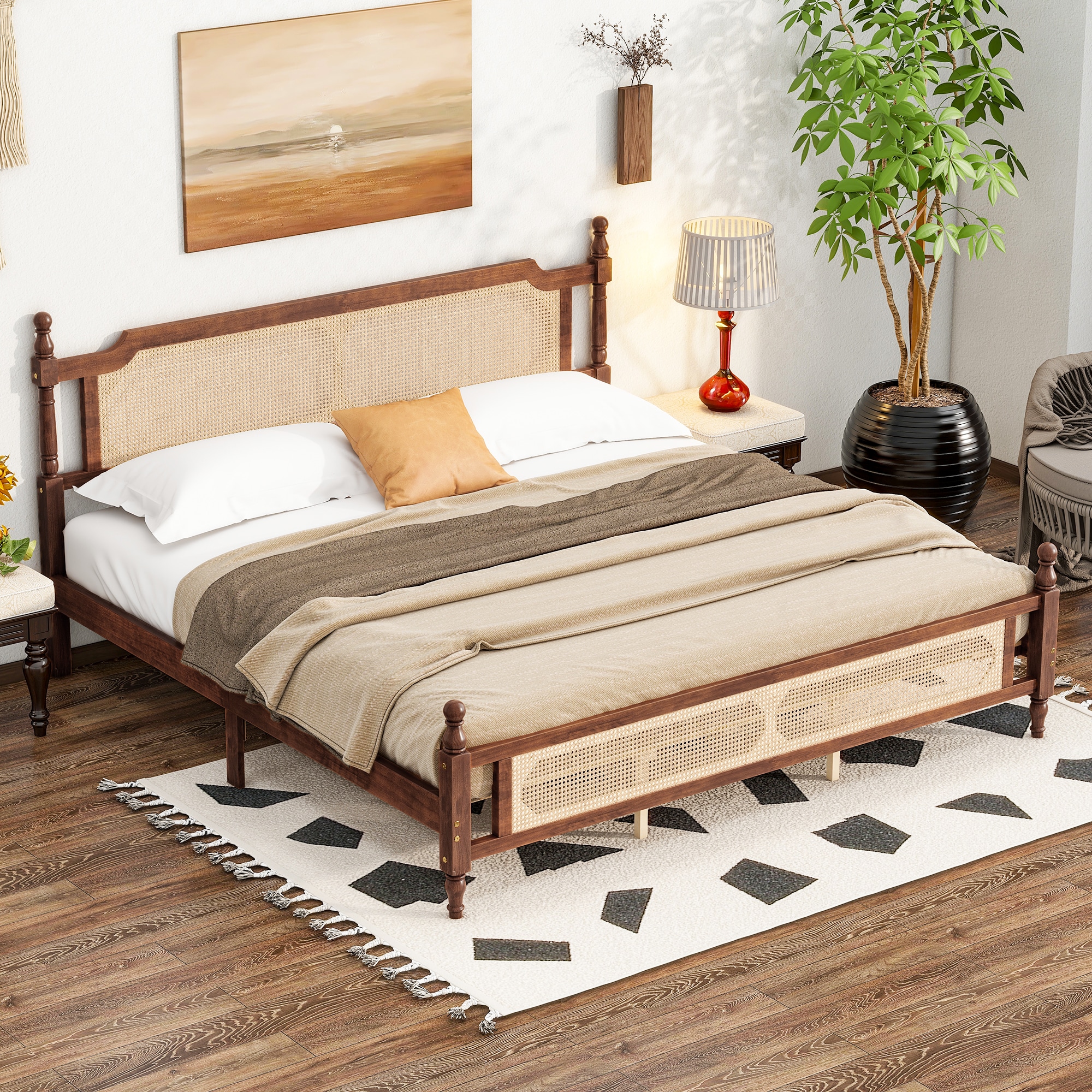 KTMBDW - King Size Wood Platform Bed Mid-Century Modern Bed Frame with Rattan Headboard and Footb...