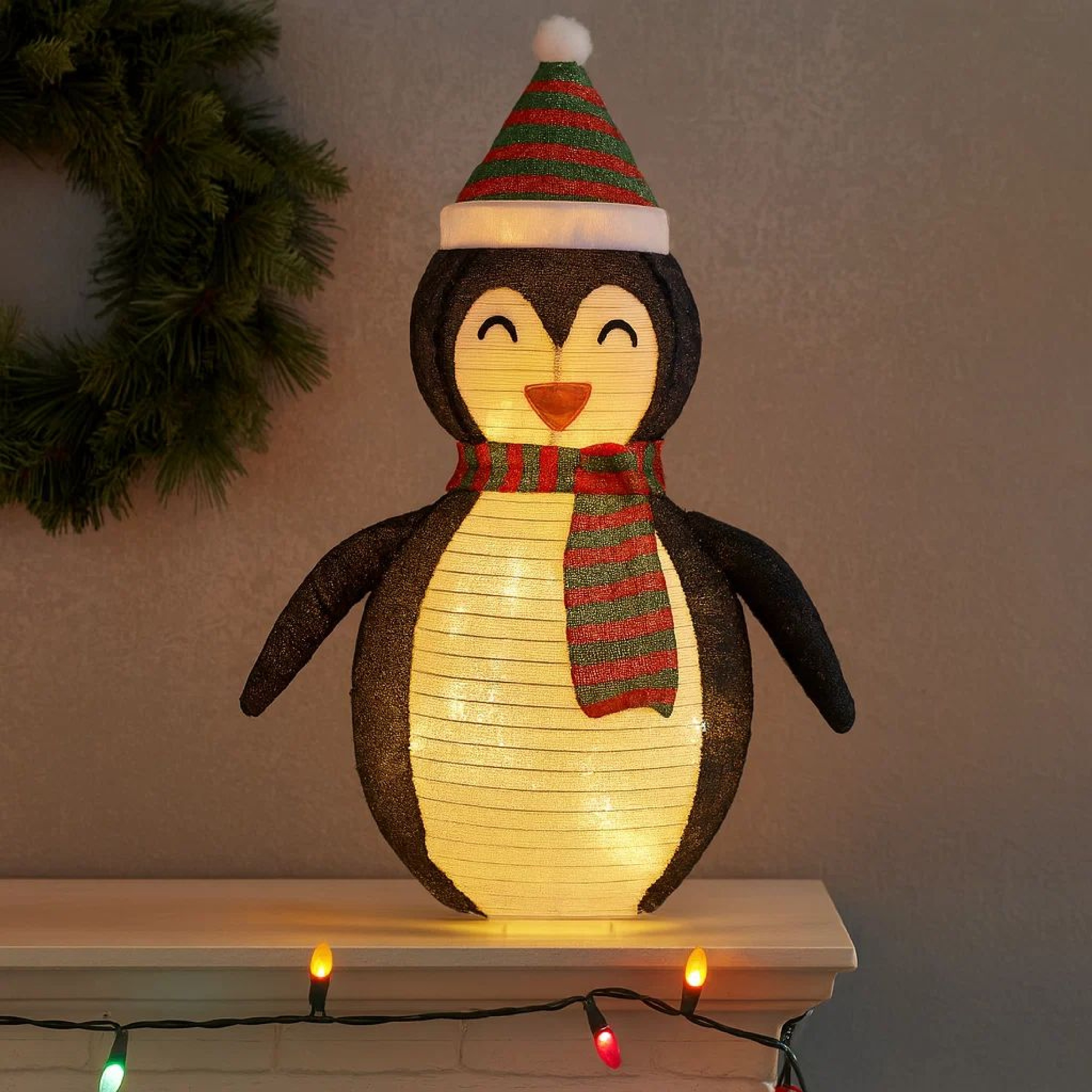 Benzara Mani Christmas Decor 4 ft Snow Penguin 120 LED Light White and Black