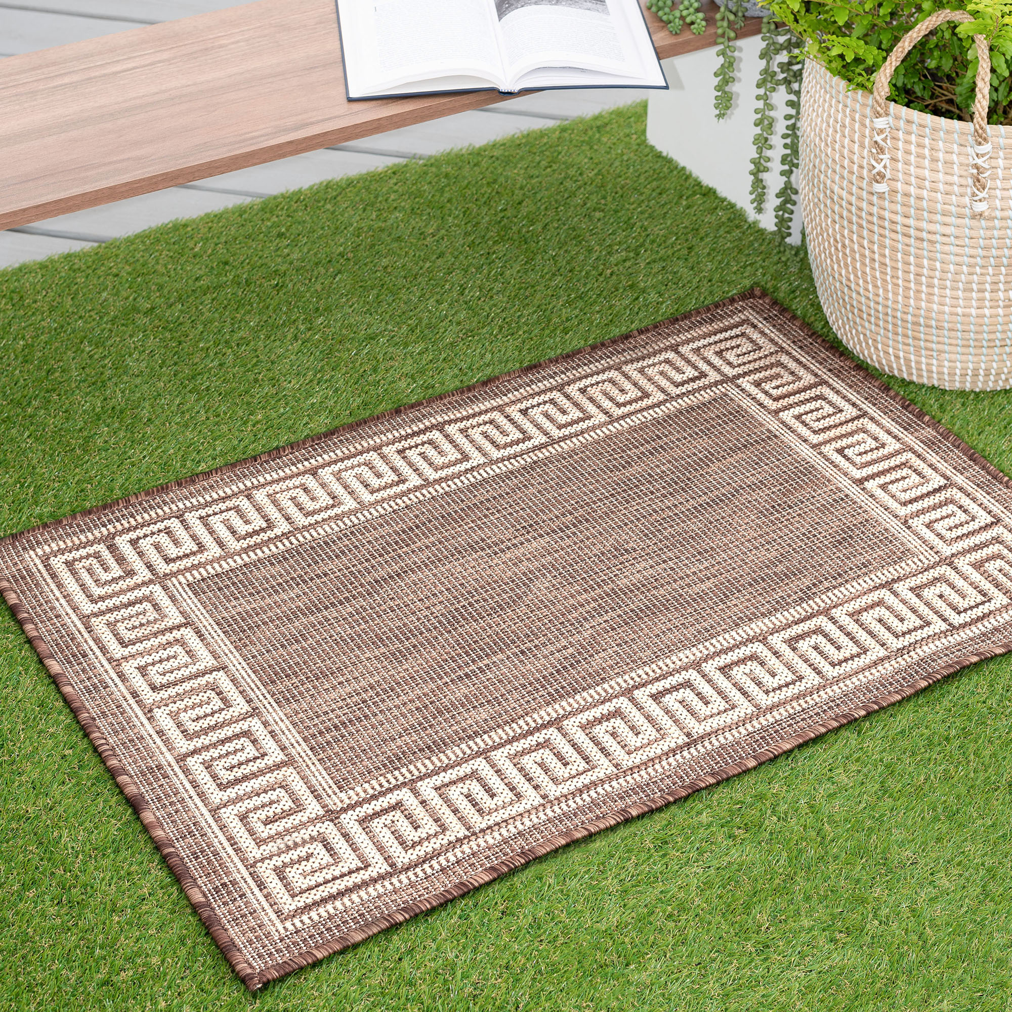 Tayse ECO1003 2X3 Eco 2 x 3 (ft) Flatweave Polypropylene Brown Rectangular Indoor/Outdoor Border Coastal Throw rug