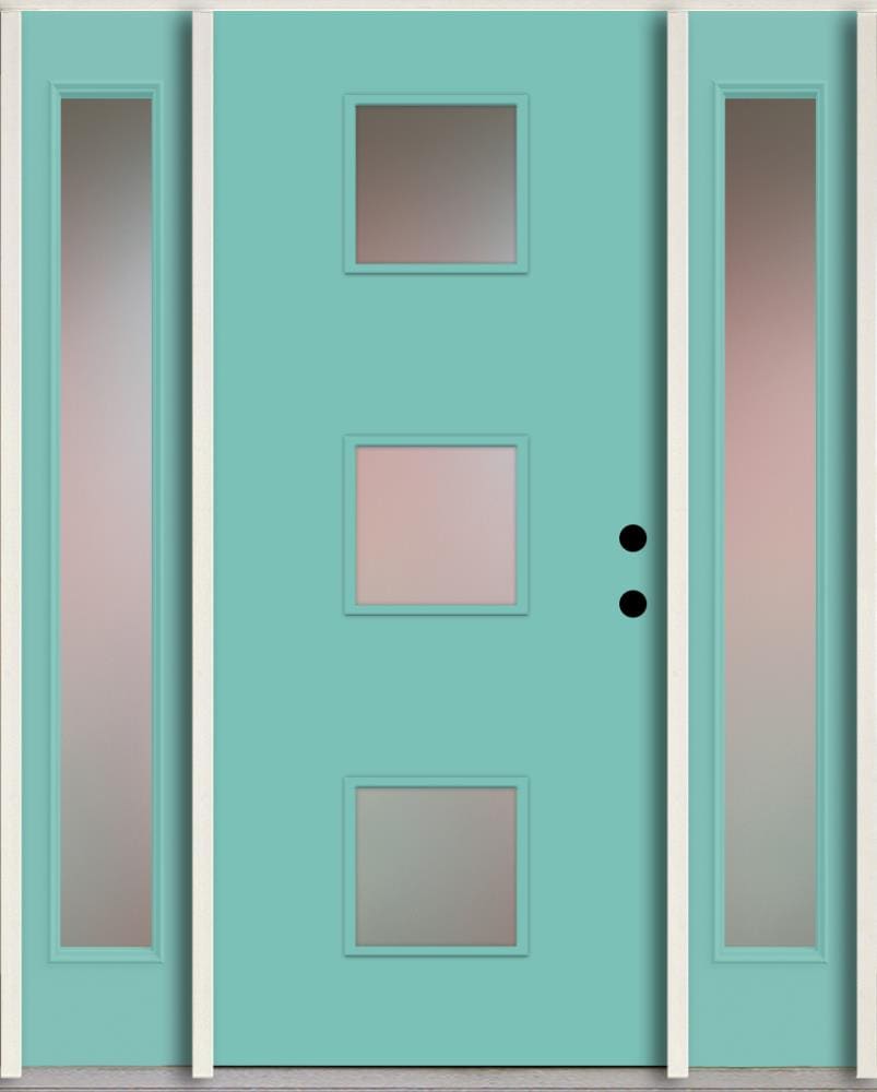 RELIABILT LO1066729 Spotlights 56-in x 80-in x 4-5/8-in Fiberglass 1/4 lite Left-hand inswing Caribbean Blue Paint Painted Prehung Front Door with Sidelights Insulating core