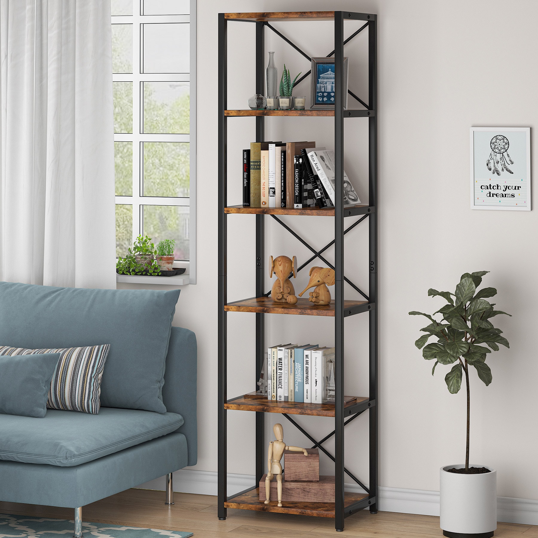 TribeSigns 6-Tier Corner Shelf, 70.8 Inch Tall Rustic Corner Bookshelf  Storage Etagere Bookcase for Living Room, Corner Display Rack Plant Shelf  for