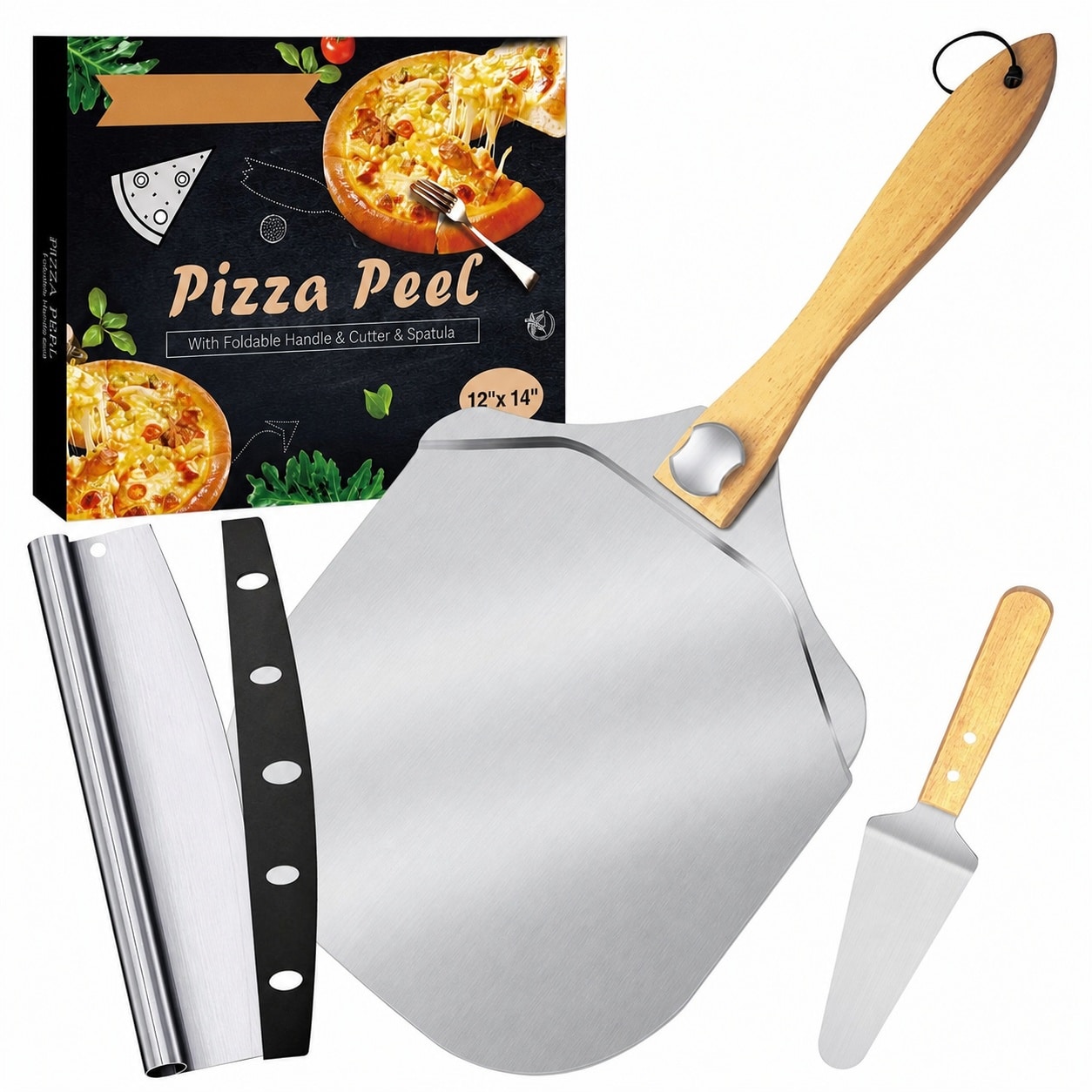 Aoibox  12 Inch Aluminum Pizza Peel with Foldable Wooden Handle Includes Pizza Rocker Cutter and Metal Spatula