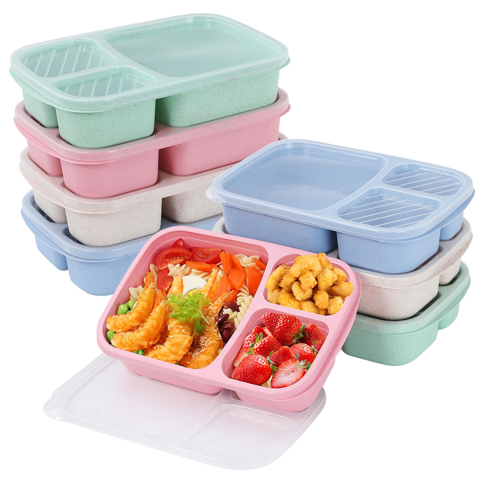 Linder Group Inc Bento lunch box set 8 pack three compartment wheat straw meal prep containers microwave and dishwasher safe stackable reusable lightweight