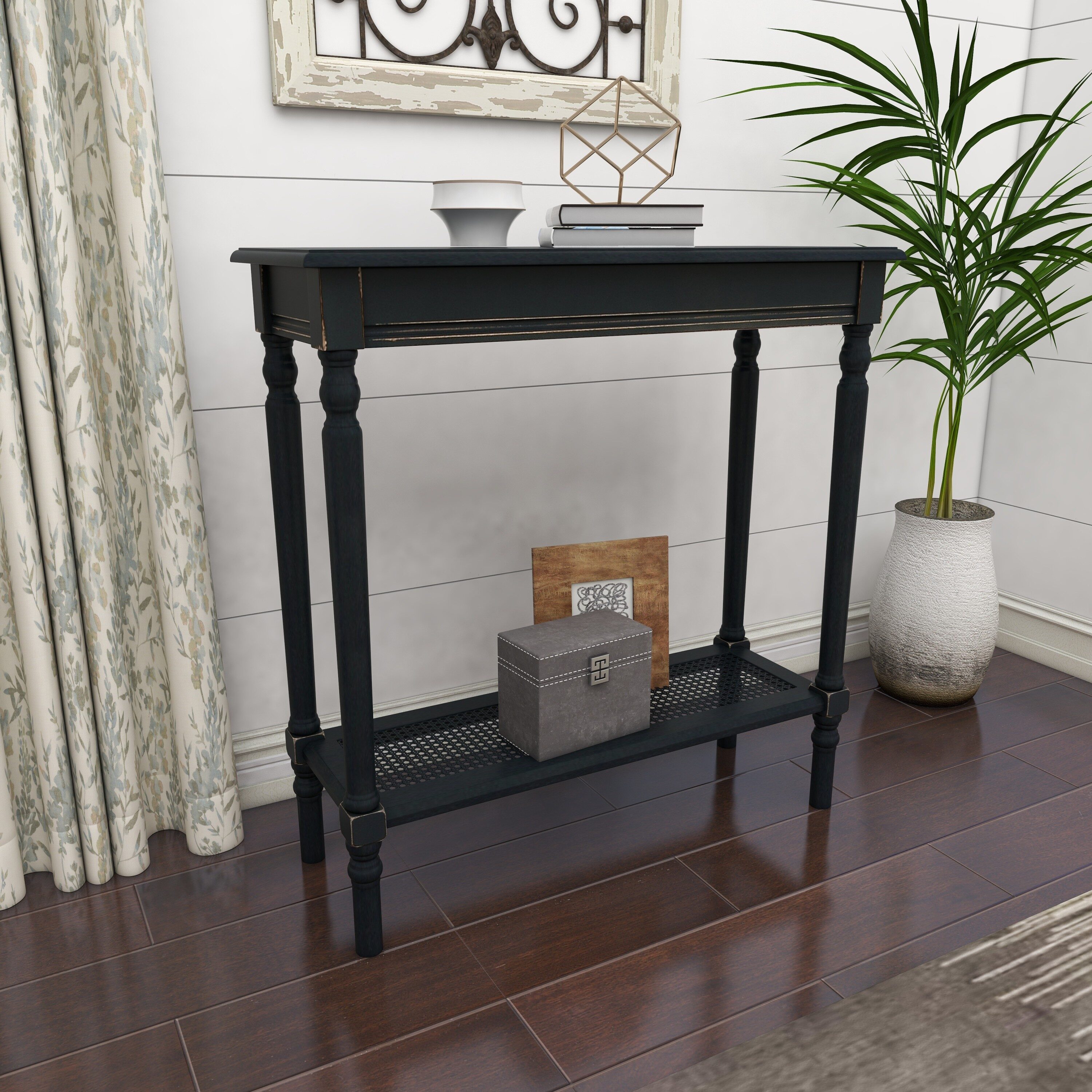 Black Wood Console Table with Glass Shelf and Storage