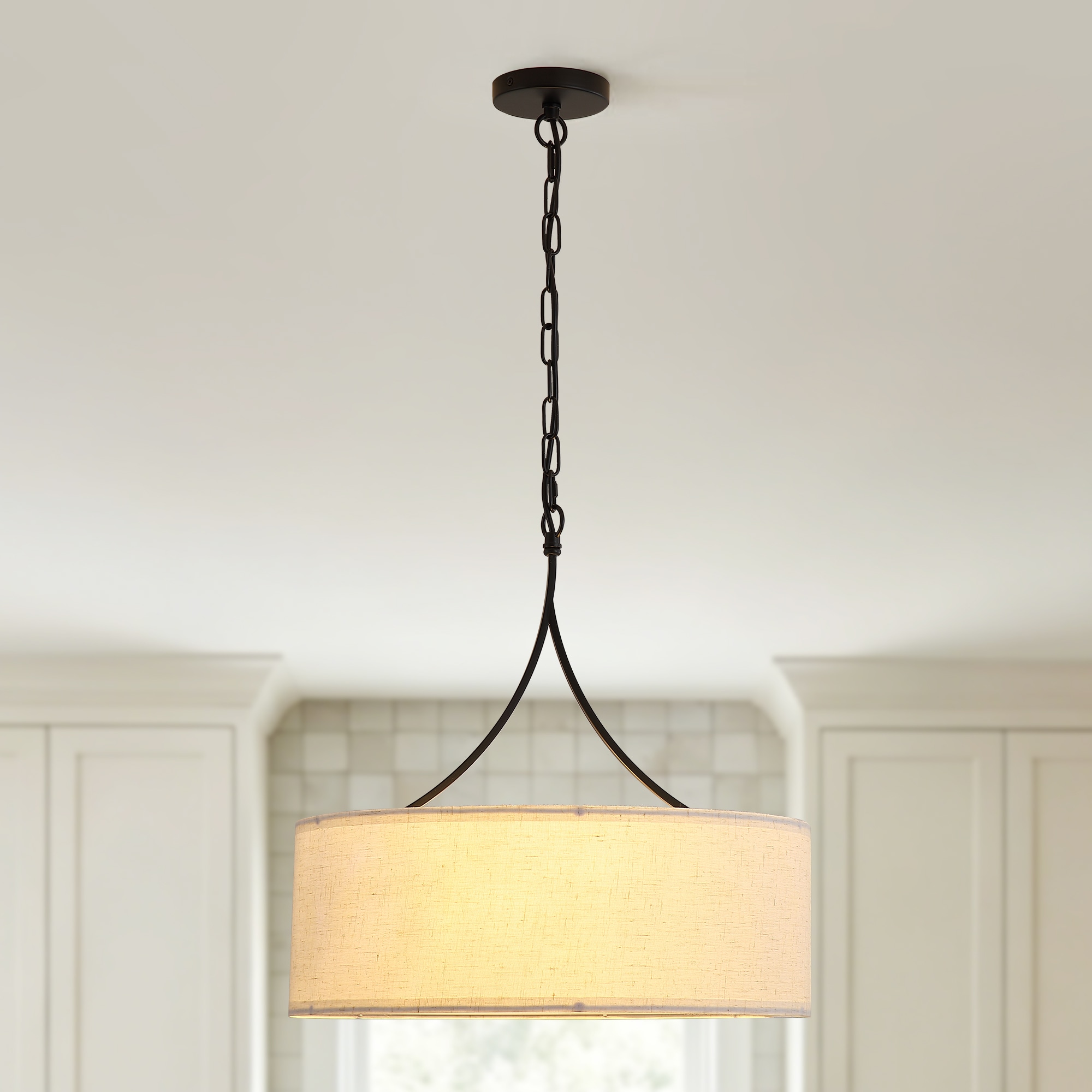 JUSHUA Modern 3 Light Black Fabric Drum Chandelier Adjustable Matte Black Fabric Shade Ceiling Light Fixture for Dining Living Room Bedroom