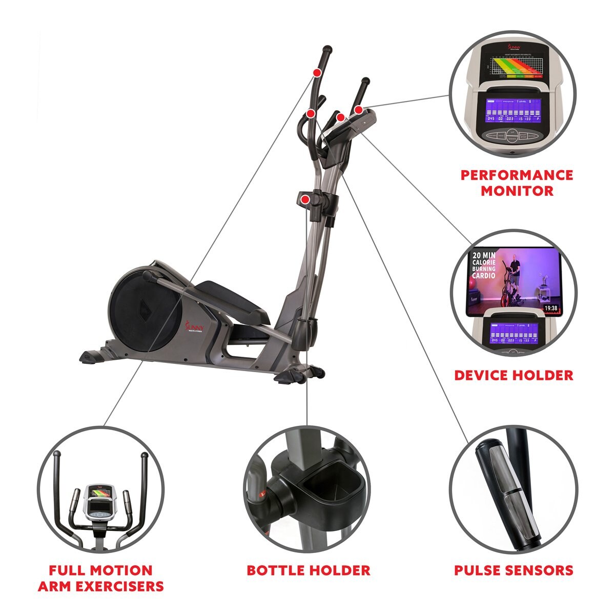Sunny Health & Fitness Magnetic Elliptical Trainer Elliptical Machine w/  Device Holder, Programmable Monitor and Heart Rate Monitoring, High Weight  Capacity - SF-E3912 