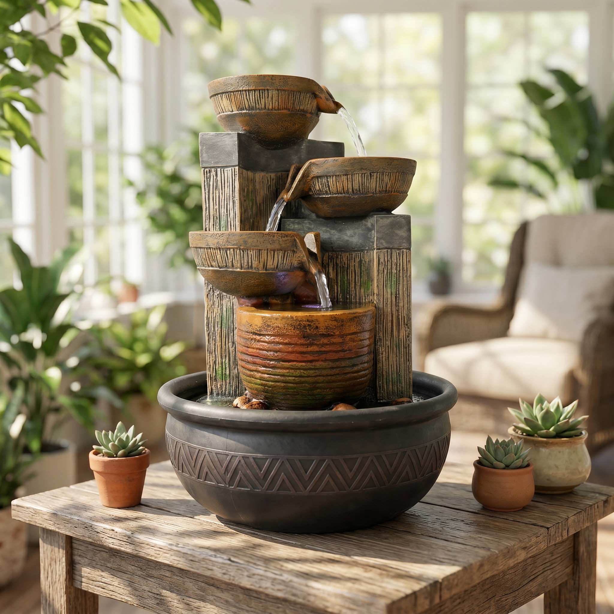 Watnature -  15.7 Inch Cascading Tabletop Water Fountain with LED Lights Indoor Home Decor Waterf...