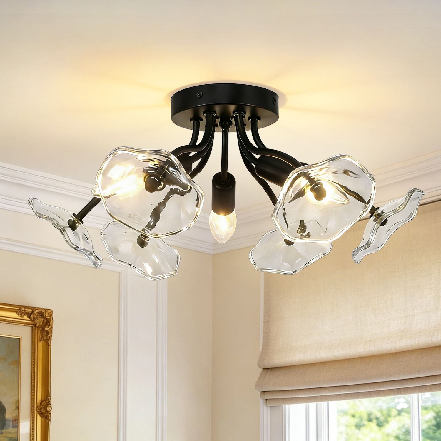 Jandcase 15-in 3-Light Matte Black Flower Flush Mount Ceiling Light with Clear Glass Petal Shades for Bedroom Hallway and Foyer