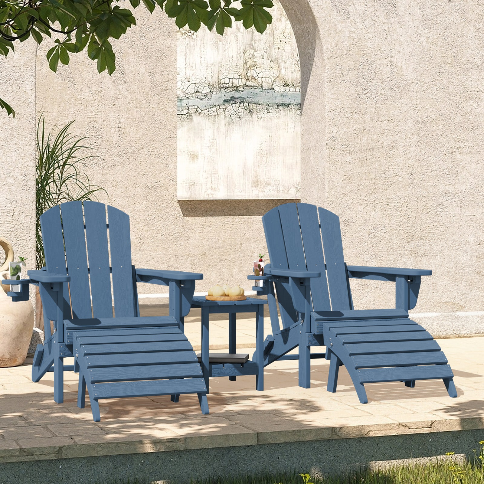 VOUA PE5JT-NY Adirondack Chairs with 2 Foldable Ottomans and Table 5 -Piece Patio Conversation Set