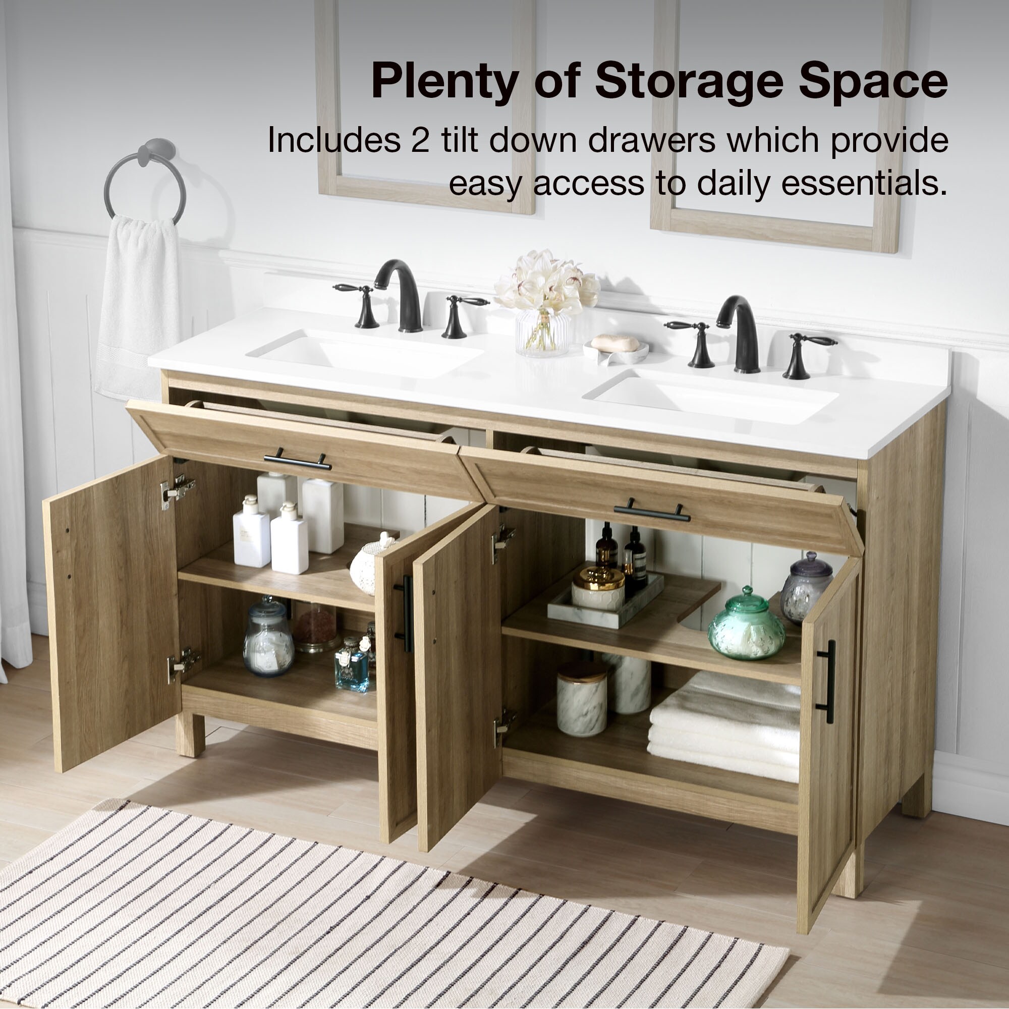 Style Selections Dolton 60-in Natural Oak Undermount Double Sink Bathroom Vanity with White Engineered Stone Top