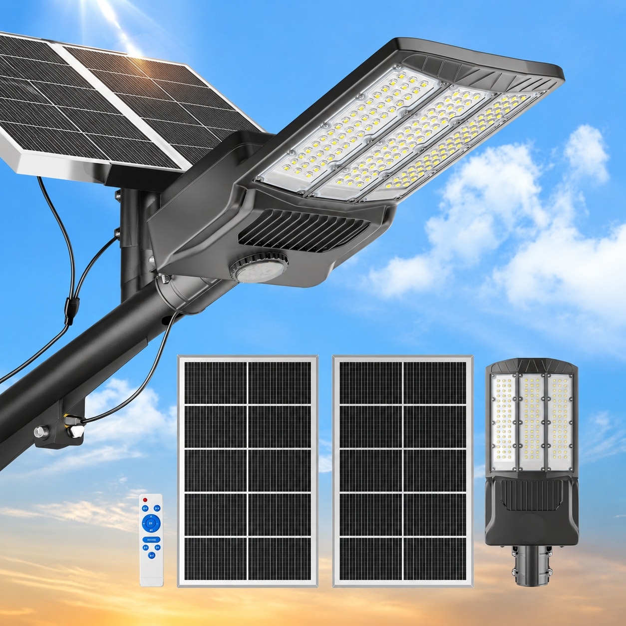 JVFCXXV  Solar Street Light Outdoor 11000 Watt 800000 Lumen 6500 Kelvin LED Dusk to Dawn Flood Light with Remote Control for Parking Lot Yard