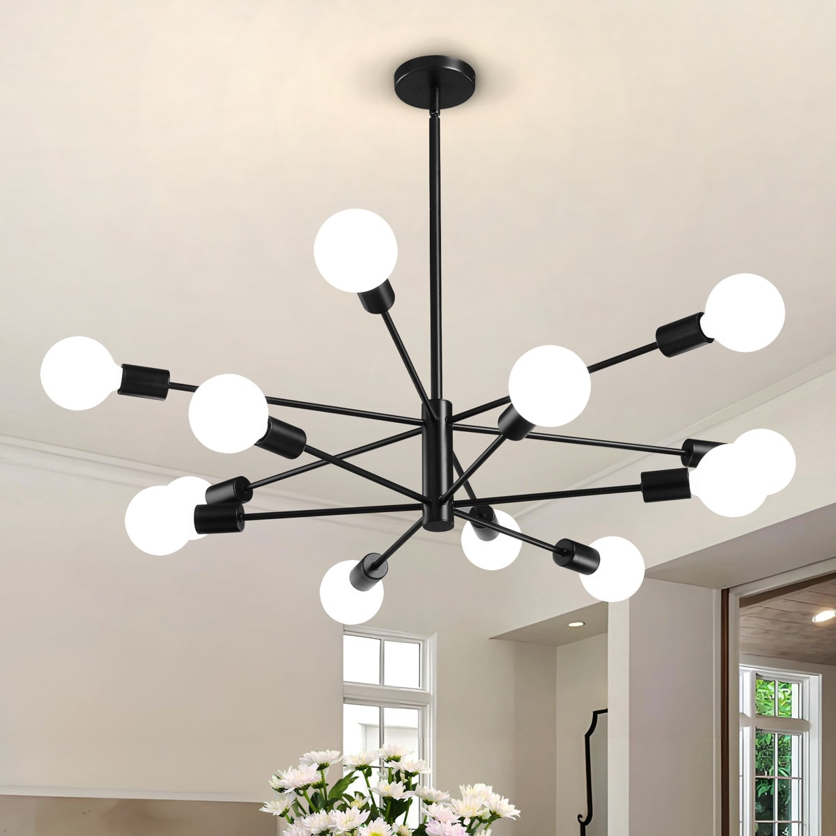 KAISITE 8006PL-12BK-US 12-Light Height Adjustable Mid-Century Ceiling Light Black Metal Modern Linear Sputnik Chandelier With No Bulbs Included