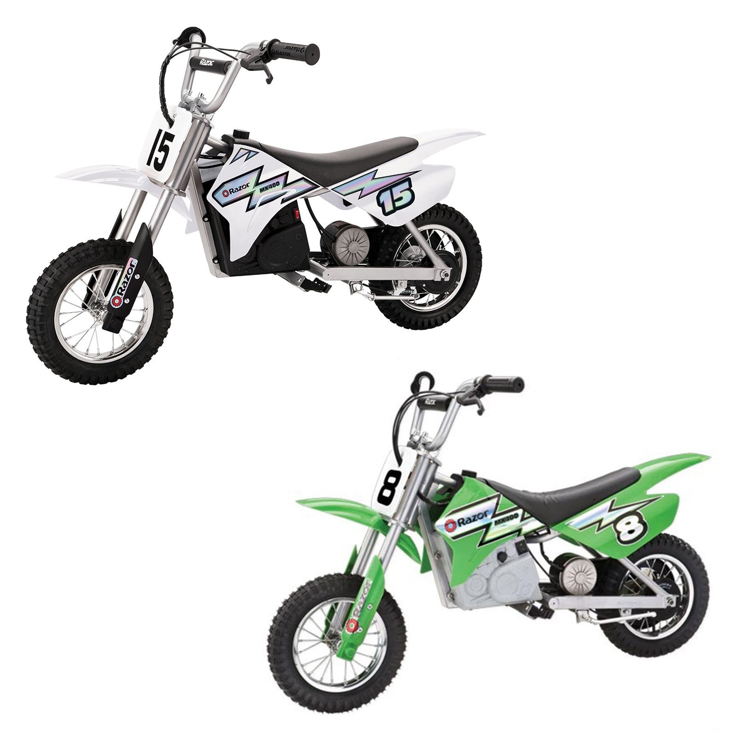 Mx400 Dirt Rocket Electric Motocross Motorcycle Bikes, 1 White and 1 Green | - Razor 110758