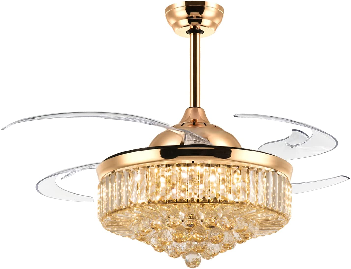 Antoine LSBD-15 Gold 48-Inches Gold with Clear Blades Color-Changing Integrated LED Fixture Indoor Downrod mount Smart Compatible Fandelier Ceiling Fan With Light and Remote ( 4 -Blade)