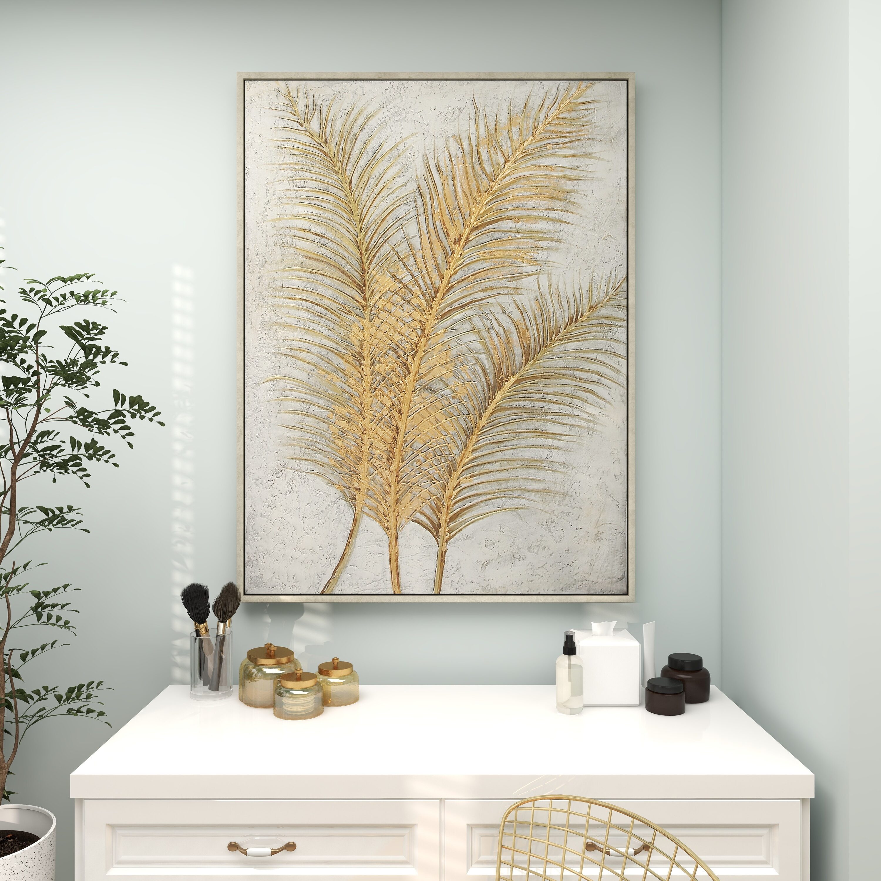 Large Gold and White Botanical Canvas Framed Wall Art