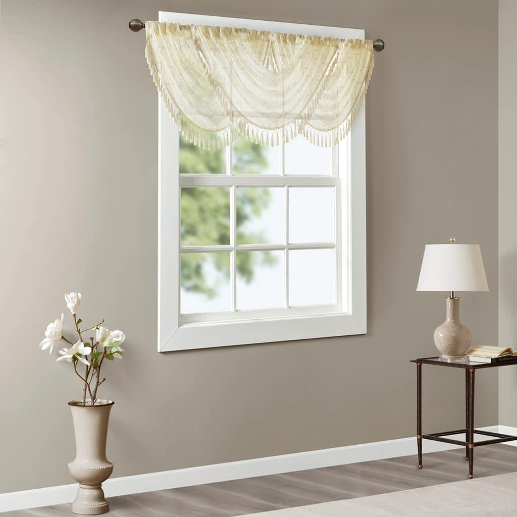 JUJABU 46-Inches Ivory Diamond Sheer Embroidered Waterfall Valance Curtain #EBHD-47
